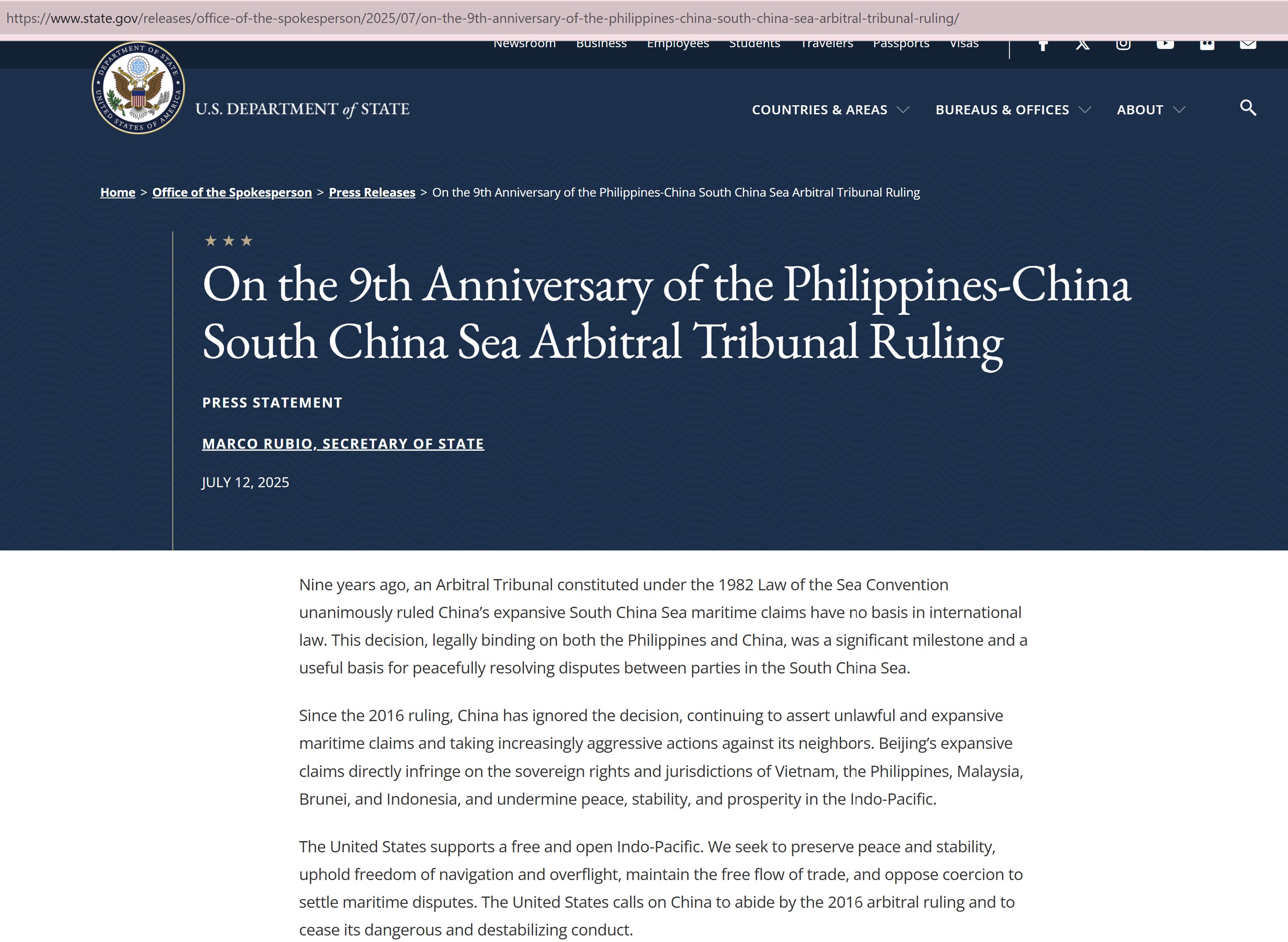 【美国之声--美国国务院强烈谴责北京在南海的扩张】2025年7月12日美国国务院：

九年前，根据《1982年联合国海洋法公约》设立的仲裁庭一致裁定，中共国在南海的扩张性海洋主张没有国际法依据。这项裁...