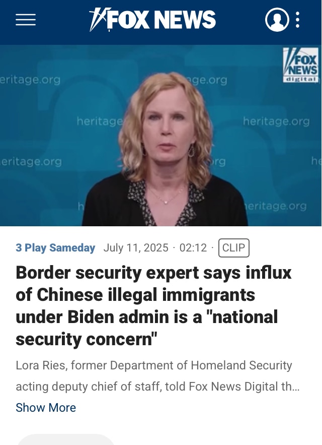 FoxNews：美国边境专家说，从边境涌入的中共国非法移民事关美国国家安全！

边境沙皇霍曼说有6万多中共军龄人员从南部边境走线进美国，现在又引起美国安全部门注意了，盯住就好，把军事基地附近被中共购买...