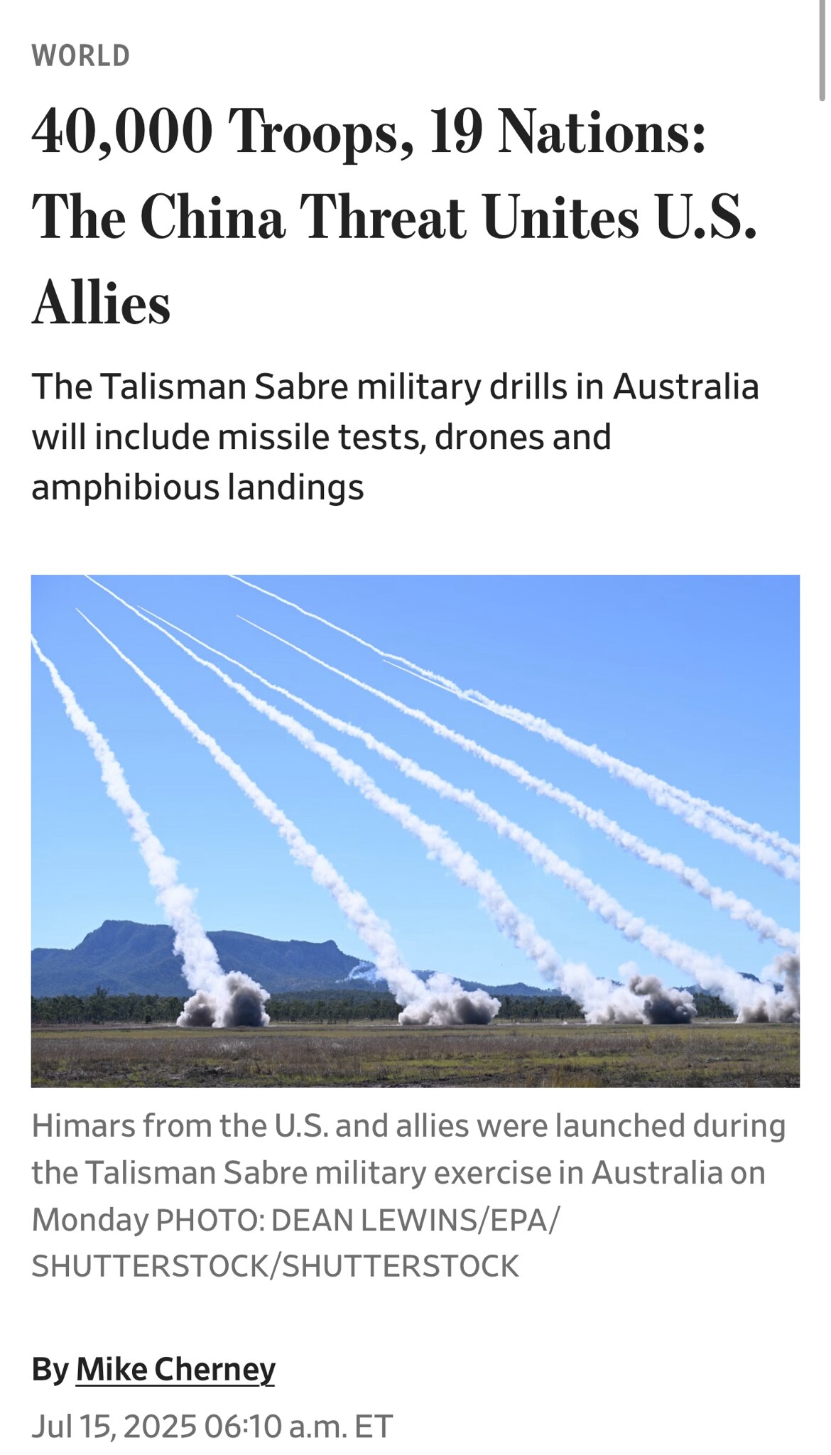 “The biennial exercise, called Talisman Sabre, is meant to send a message to China: The U.S. and its...
