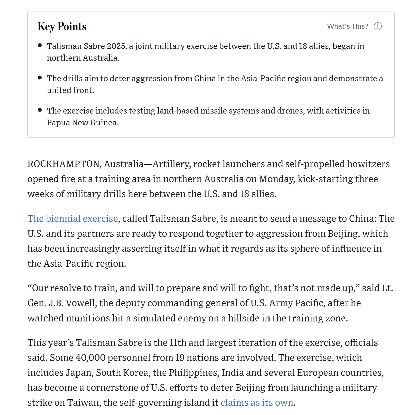 【美国之声--4万士兵，19个国家：中共国的威胁使美国盟友团结一致】2025年7月15日《华尔街日报》：

7月14日美军与18个盟国在澳大利亚北部的一处训练场展开了为期三周，代号为“护身军刀” （T...