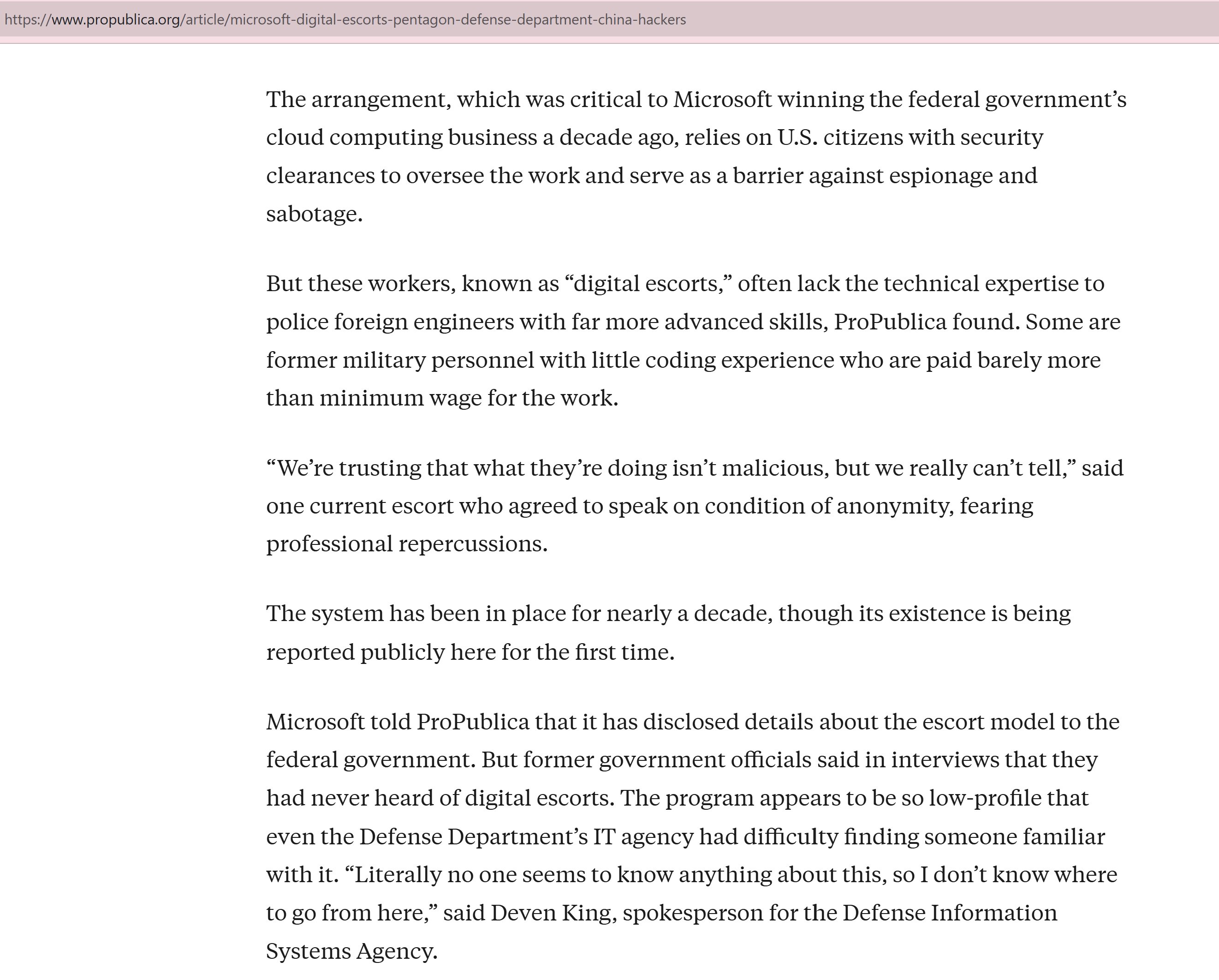【美国之声--微软使用中共国工程师来维护美国国防部的计算机系统】7月15日ProPublica：

微软正使用中共国工程师来维护美国国防部的计算机系统，并依赖所谓的“护航模式”， 即由持有安全许可的美...
