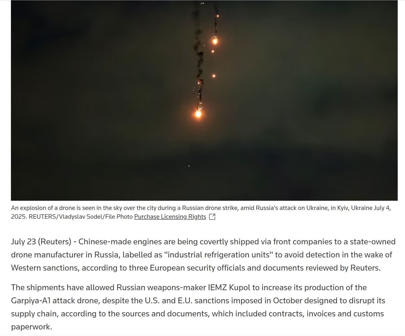 【美国之声--中共国为俄罗斯无人机制造商提供发动机】2025年7月23日《路透》：

中共国制造的发动机正通过空壳公司秘密运往俄罗斯一家国有无人机制造商，这些发动机在运输文件中被标注为“工业制冷装置”...