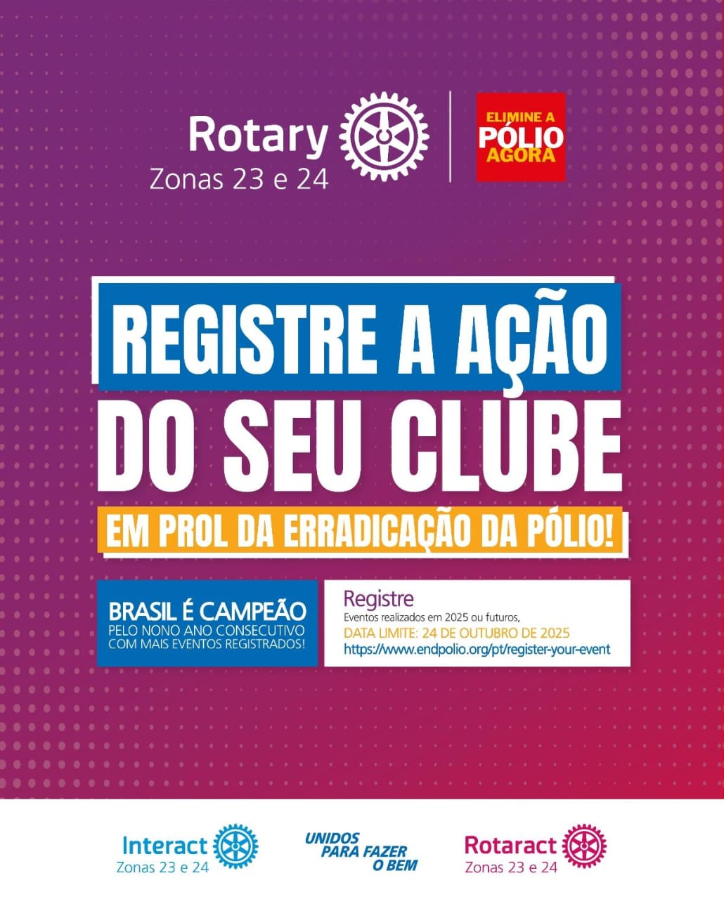 Seu clube está fazendo a diferença na luta contra a pólio? Mostre ao mundo!

Seu Rotary, Rotaract ou...