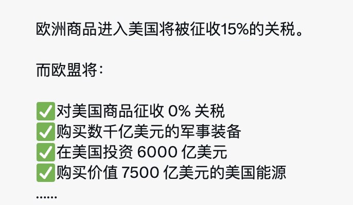 川普和欧盟达成贸易协议，主要内容：

欧盟对美国商品零关税，美国收欧盟产品15%的关税；
欧盟购买数千亿美元军事装备；
除已有投资外在美国投资6000亿美元；
购买7500亿美元的美国能源。

俄罗斯...