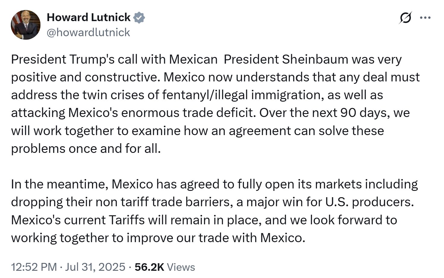【美国之声--美墨协议必须解决芬太尼危机】2025年7月31日商业部长卢特尼克（Howard Lutnick）：

川普总统与墨西哥总统谢因鲍姆的通话非常积极且富建设性。墨西哥现在明白，任何协议都必须...