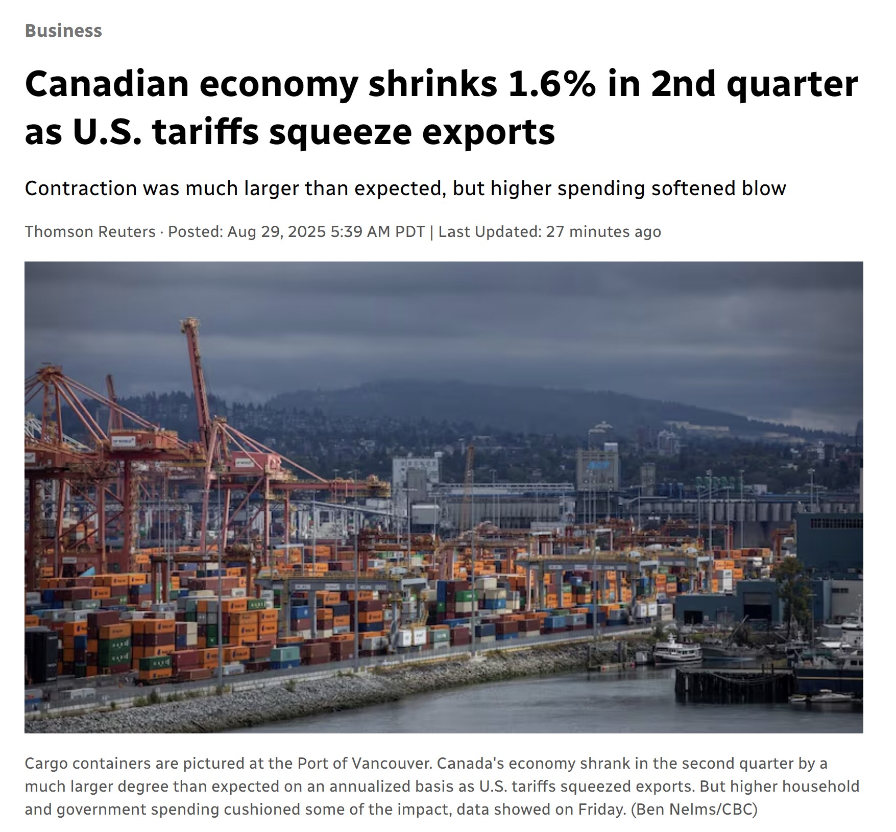 【美国之声--加拿大经济出现萎缩】2025年8月29日CNN：

由于美国加征关税抑制了出口，加拿大经济在第二季度萎缩的幅度远超预期，按年率计算下降了1.6%，是过去七个季度以来的首次季度性放缓，而第...