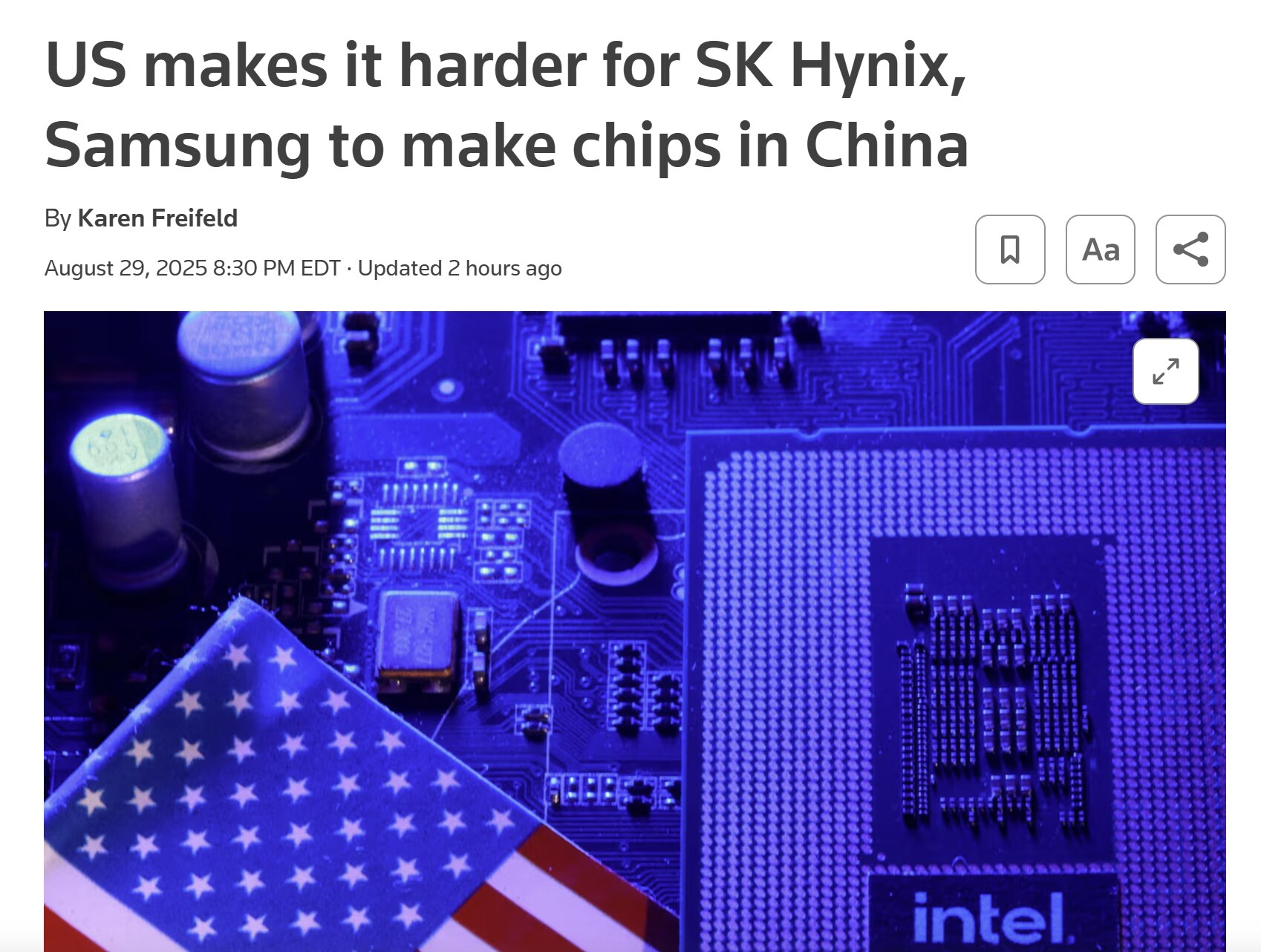 【美国之声--美加大对三星和SK海力士在中共国生产芯片的难度】2025年8月29日《路透》：

美国加大对三星和SK海力士在中国生产芯片的难度，已撤销了此前授权三星和SK海力士在中共国接收美产半导体制...