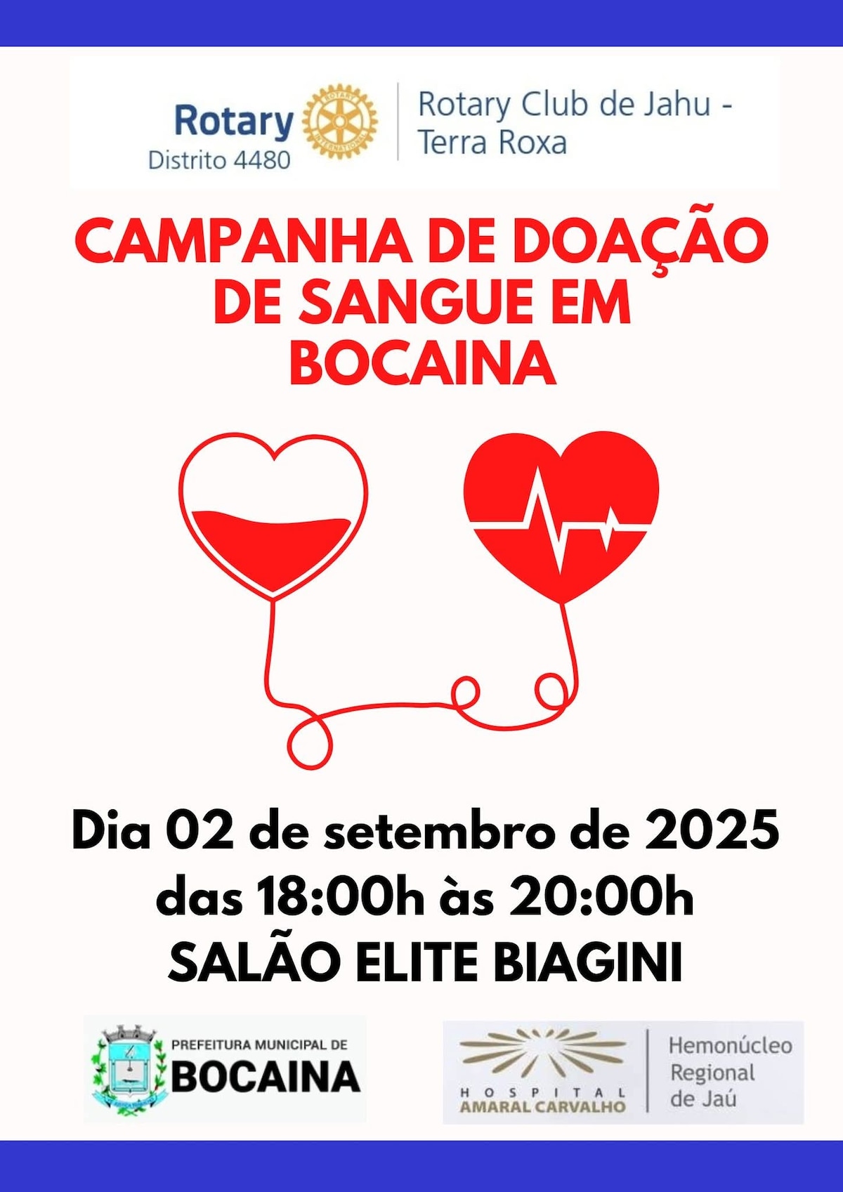 Texto do Rotary Club de Jahu - Terra Roxa

Hoje, 02/09, vamos ter campanha de doação de sangue aqui ...