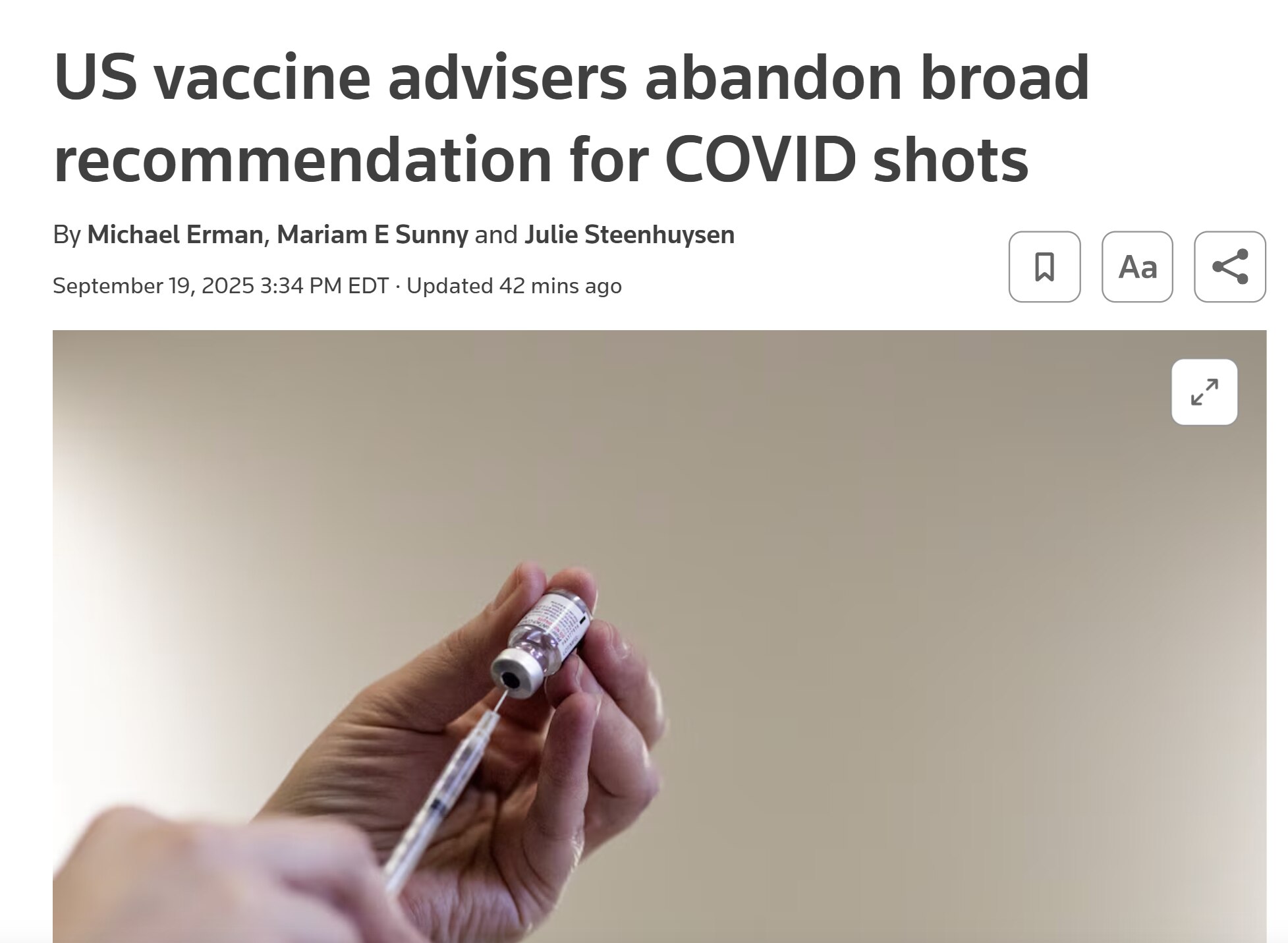 【美国之声--疫苗咨询委员会不再支持新冠疫苗】2025年9月19日《路透》：

美国疾控中心下辖的疫苗咨询委员会（ACIP）放弃多年来对新冠疫苗的广泛支持，转而建议是否接种新冠疫苗应🌶️是个人与医生...