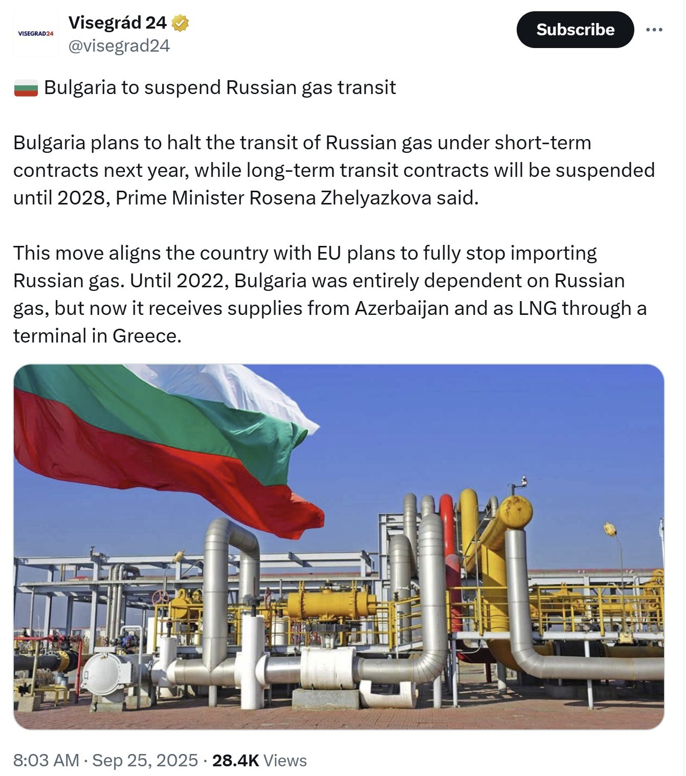 【美国之声--保加利亚将暂停俄罗斯天然气过境】2025年9月25日保加利亚总理热利亚兹科娃（Rosena Zhelyazkova）：

保加利亚计划在明年停止根据短期合同转运俄罗斯天然气，而长期过境合...