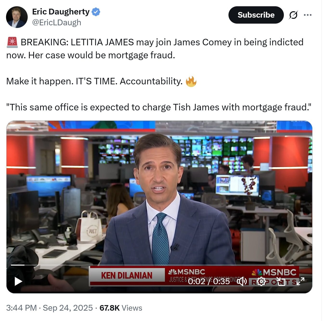 【美国之声--预计未来几天内纽约州总检长莱蒂西亚与前FBI局长科米一起被起诉】2025年9月24日MSNBC:

预计纽约州总检长莱蒂西亚（Letitia James）将在“未来几天内”与FBI前局长...