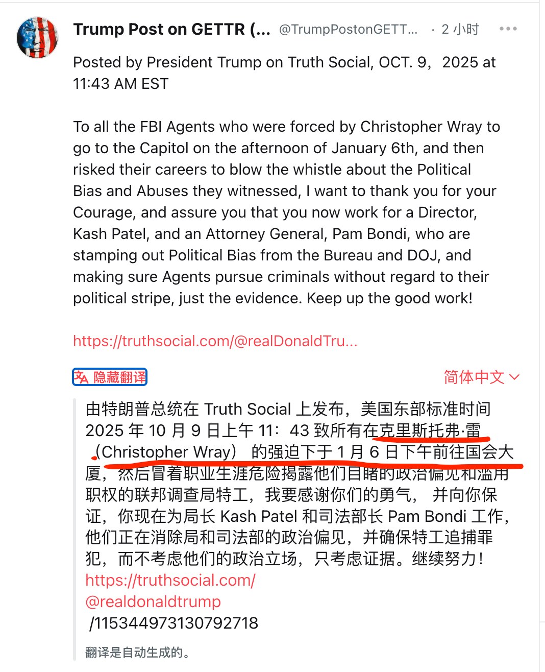 川总发文怒斥雷局长强迫270多名FBI特工于1月6日潜伏在抗议人群中制造混乱，其中100多名特工冒着被威胁的风险与川普政府合作，做证揭露雷局长等人的阴谋。1月6日期间拜登政府司法部和FBI还暗中监听至...