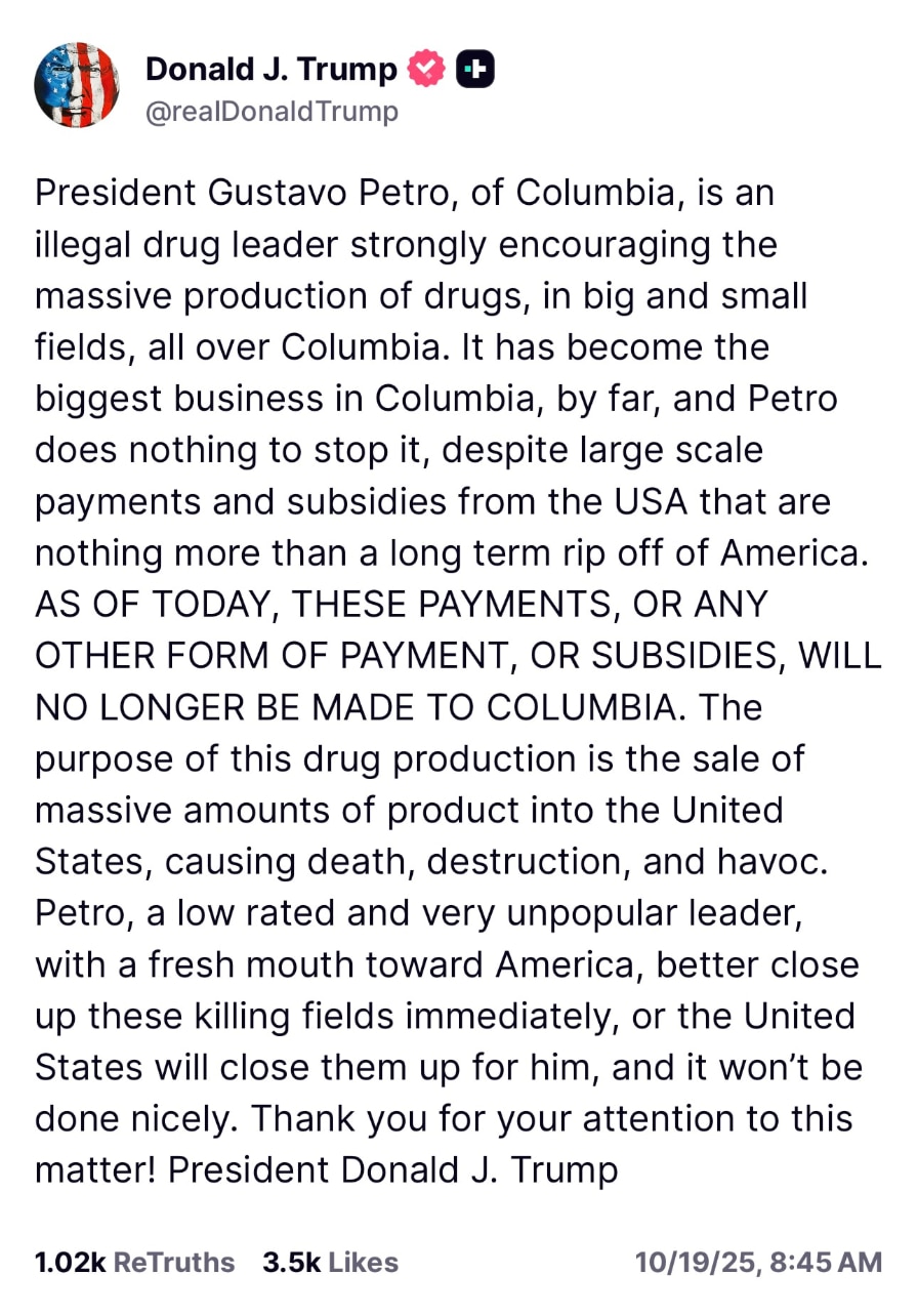 哥伦比亚是委内瑞拉的邻居，也是贩毒猖獗的地方，现在美国在打击委内瑞拉贩毒的同时打击哥伦比亚，表明美国决心整顿美国的后花园，攘外必先安内！

#美国打击贩毒 #哥伦比亚 #三票先生 
