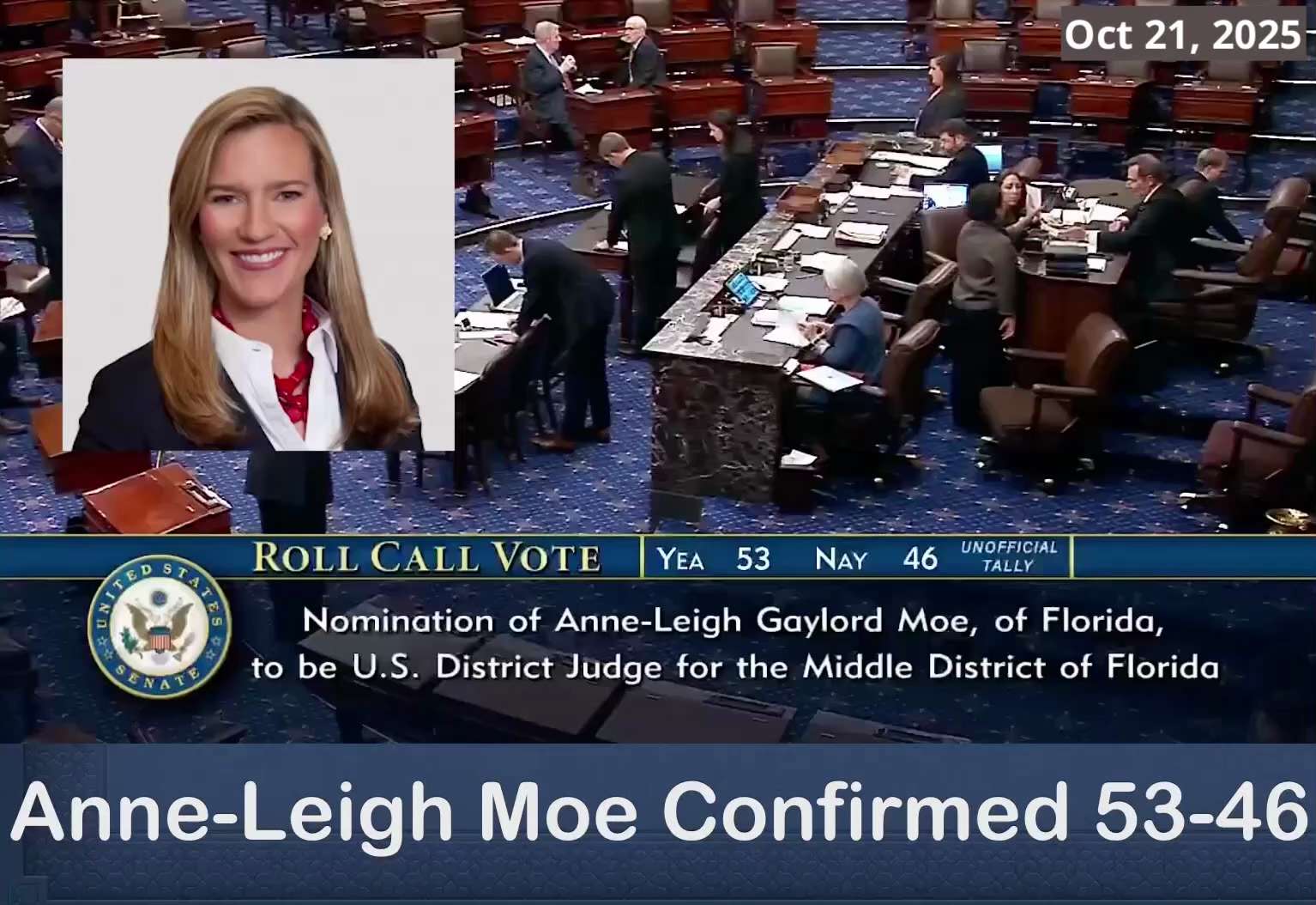 🚨 BREAKING: Senate CONFIRMS Trump Nominee Anne‑Leigh Gaylord Moe to U.S. District Judge for Florida...