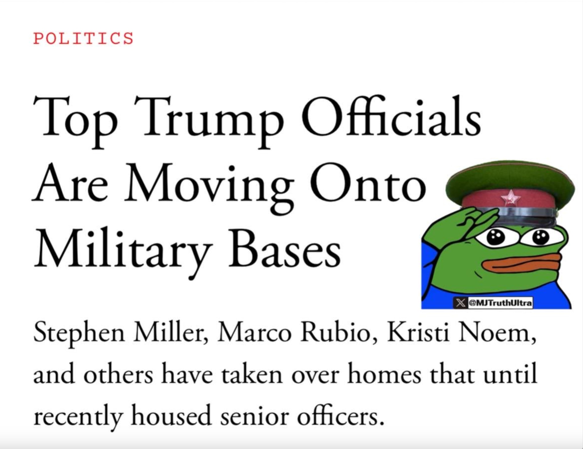 川普内阁成员搬进了军人住房

斯蒂芬·米勒、克里斯蒂·诺姆和马可·卢比奥、黑格塞斯这样的川普政府高官开始搬进军属住房时，预示着事态的发展方向，一场由激进共产主义和伊斯兰主义点燃的内战，将成为我们现代的...