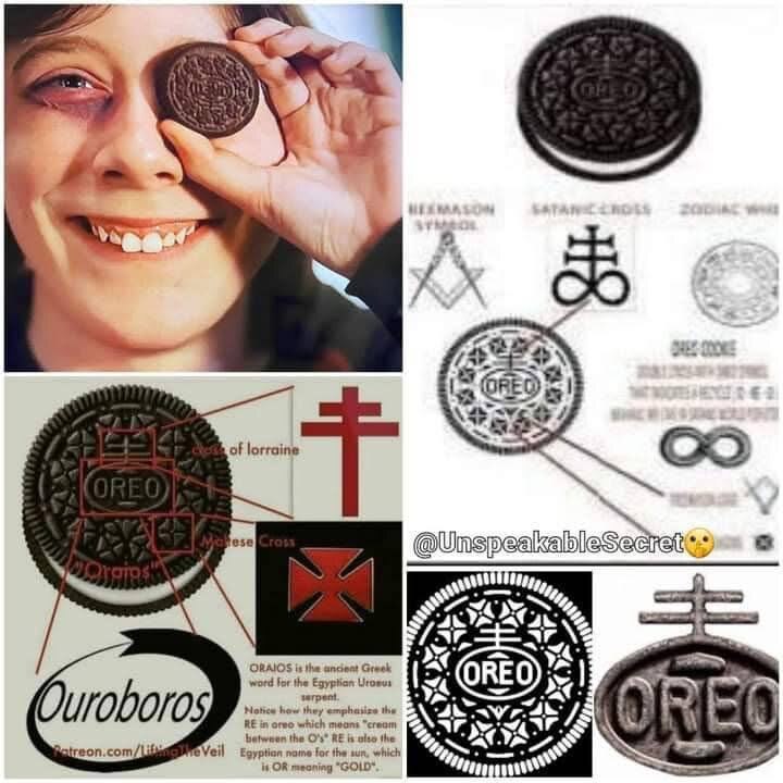 一塊奧利歐巧克力餅乾，滿滿撒旦象徵符號。



共濟會符號、撒旦十字架、生肖輪。黑眼圈的意思是：腎上腺素紅。還有共濟會的全視之眼。



奧利歐ORAIOS 是古希臘語，意為埃及的聖蛇 烏賴烏斯。

...