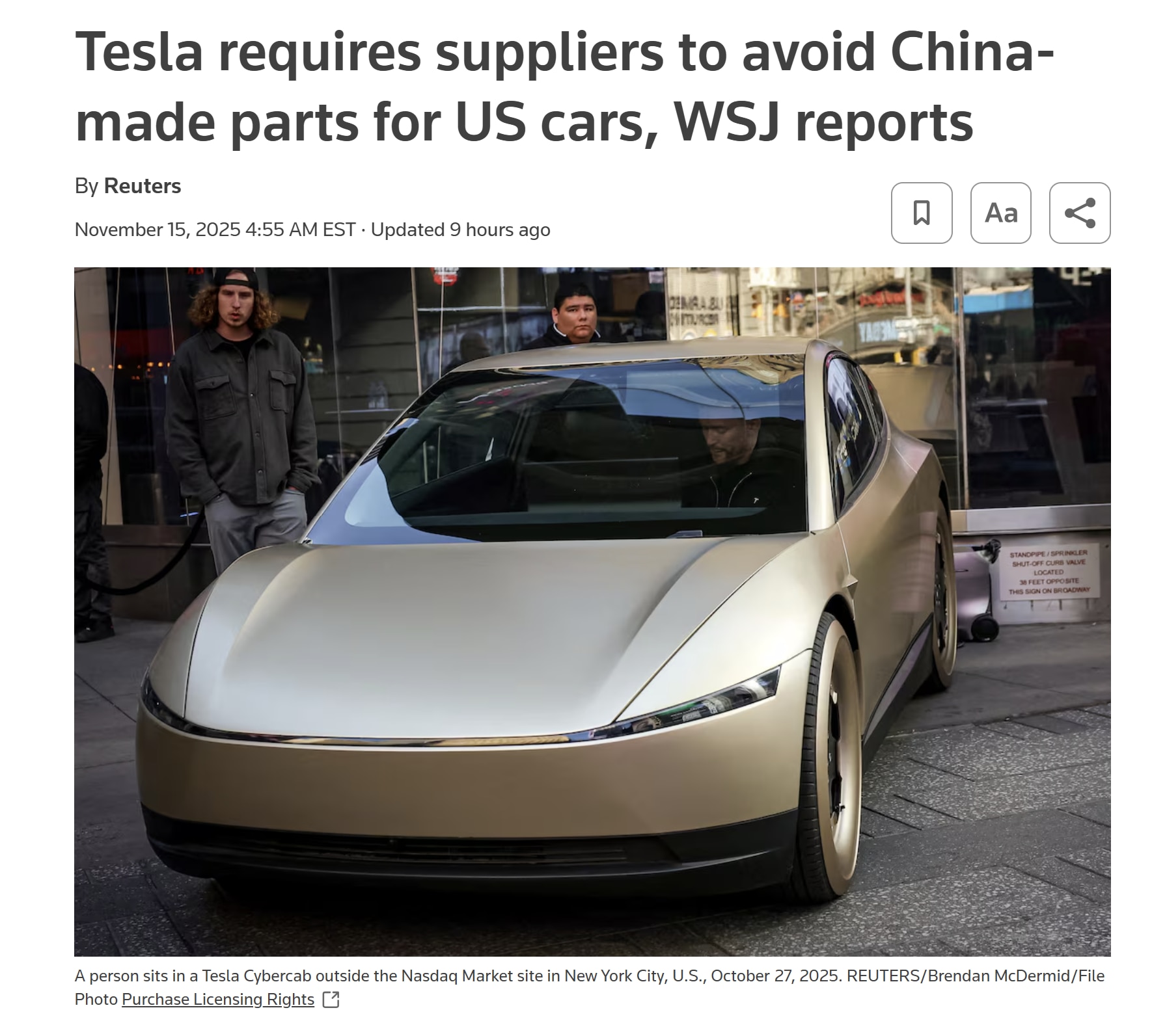 【美国之声--特斯拉剔除中共国制造的零部件】2025年11月15日《路透》引述《华尔街日报》：

特斯拉现已要求其供应商在为美国生产的车辆中剔除中共国制造的零部件。据知情人士透露，马斯克领导的这家汽车...