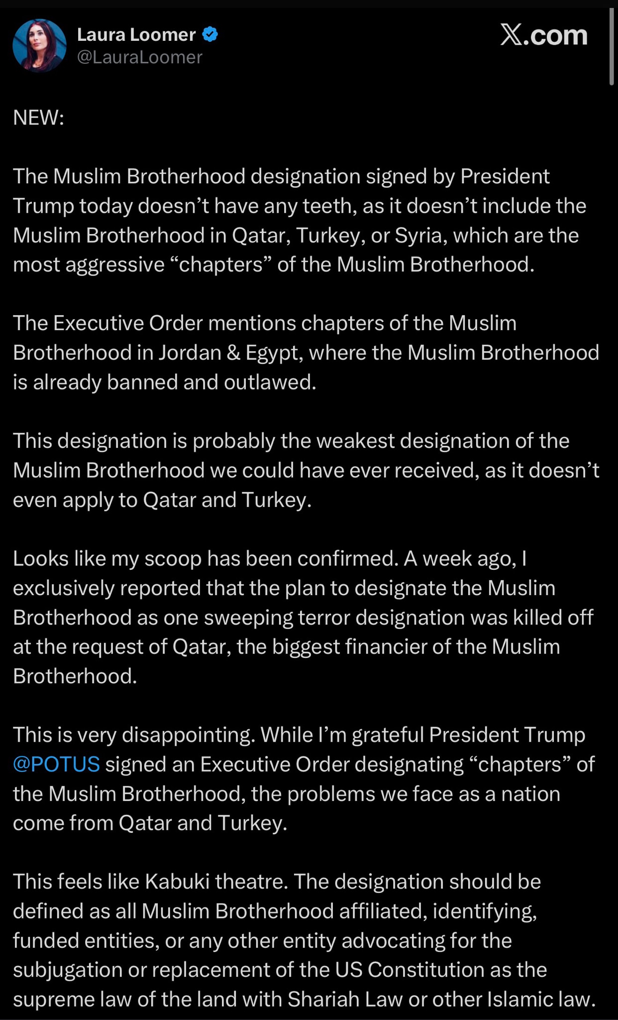 Qatar and Turkey all that really matters when it comes to the Muslim Brotherhood — Loomer Nails It 
...