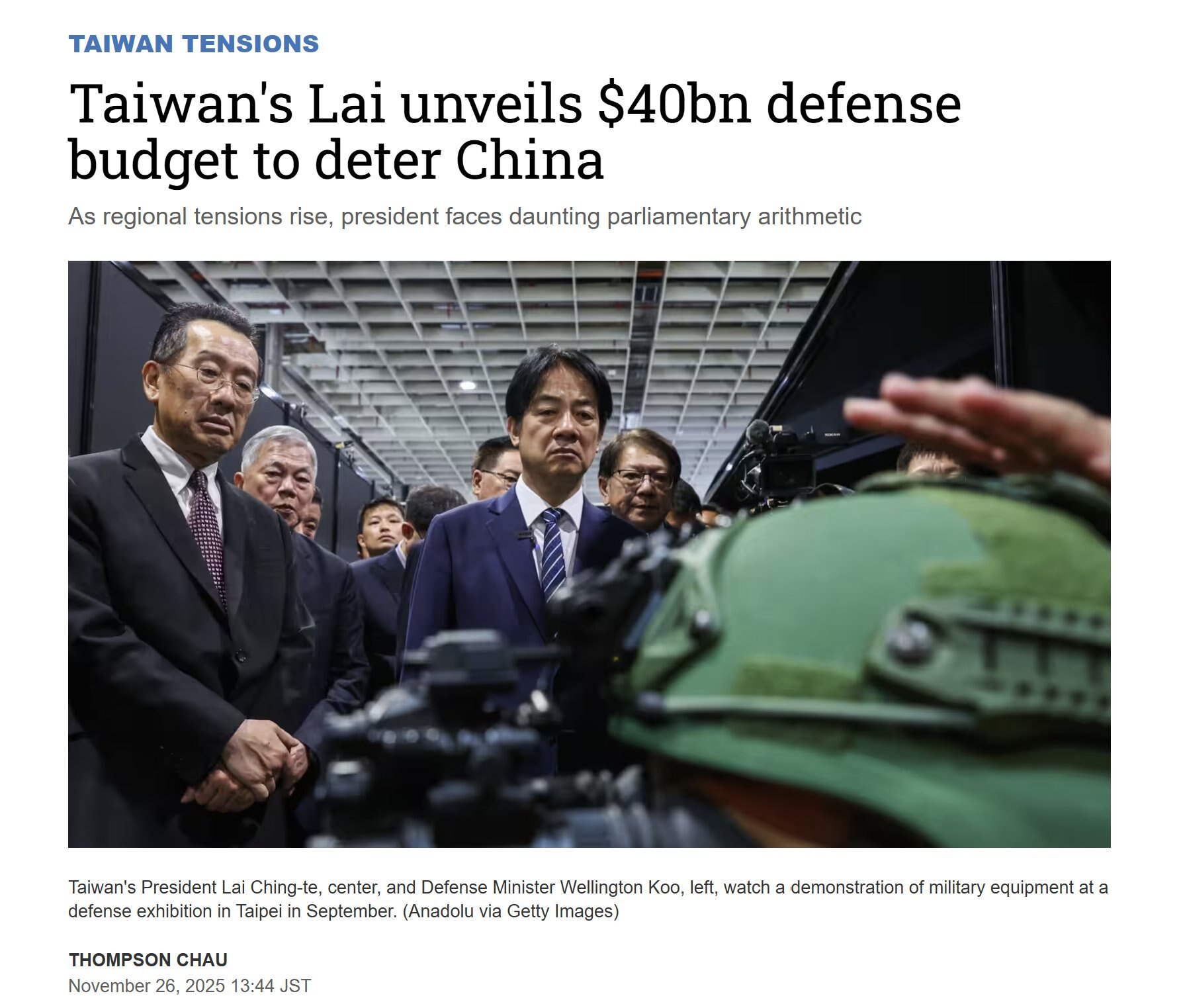 【美国之声--$400亿的特别预算】2025年12月26日《日经亚洲》：

台湾总统赖清德周三提议一项$400亿的特别预算，以提升台湾的防卫能力，旨在应对来自中共国的军事压力，并明确回应美国要求台湾增...