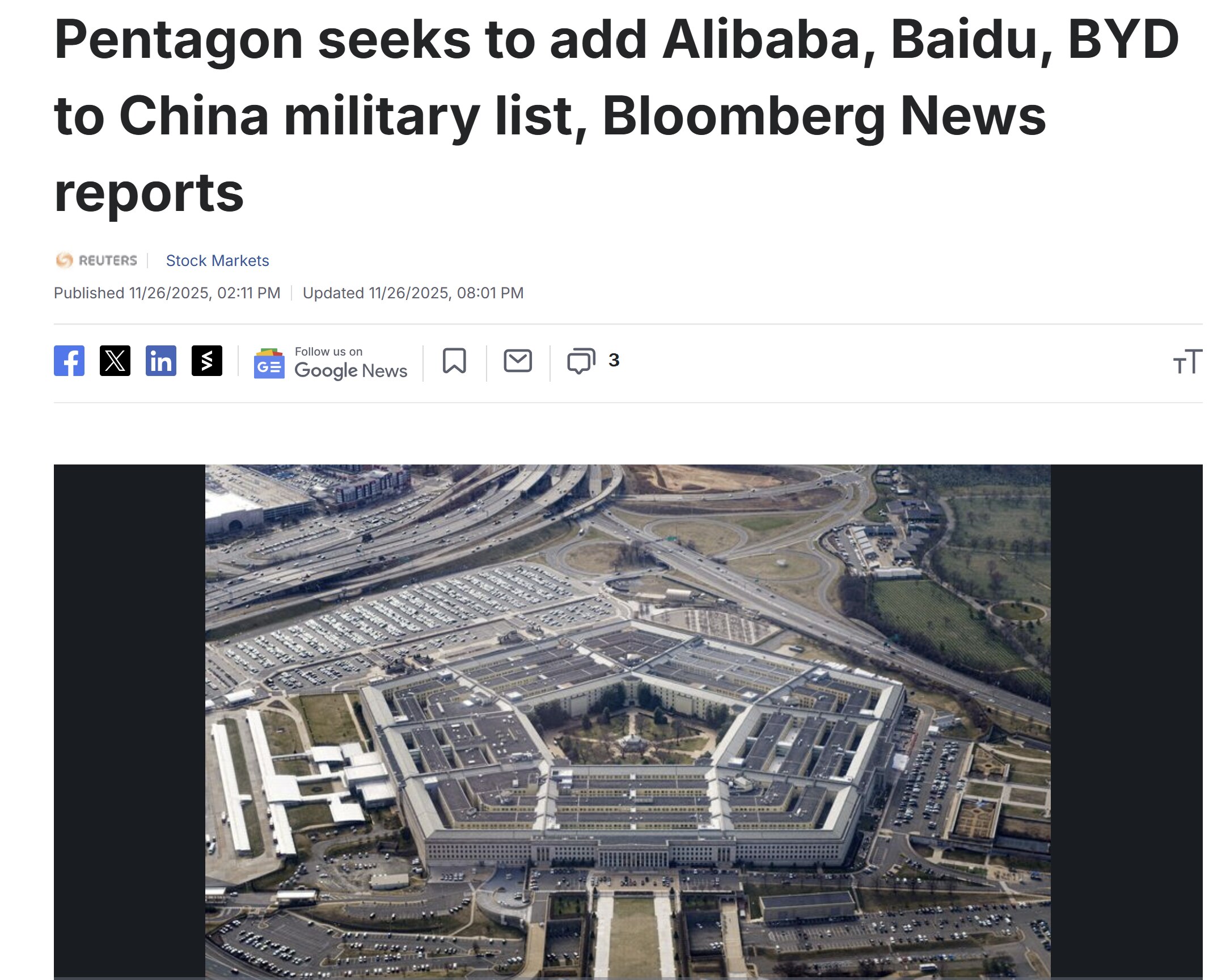 【美国之声--五角大楼拟将阿里巴巴、百度、比亚迪等列入“协助中共军方公司名单”】2025年11月26日investing.com转述《彭博》：

副国防部长范伯格（Stephen Feinberg）在...