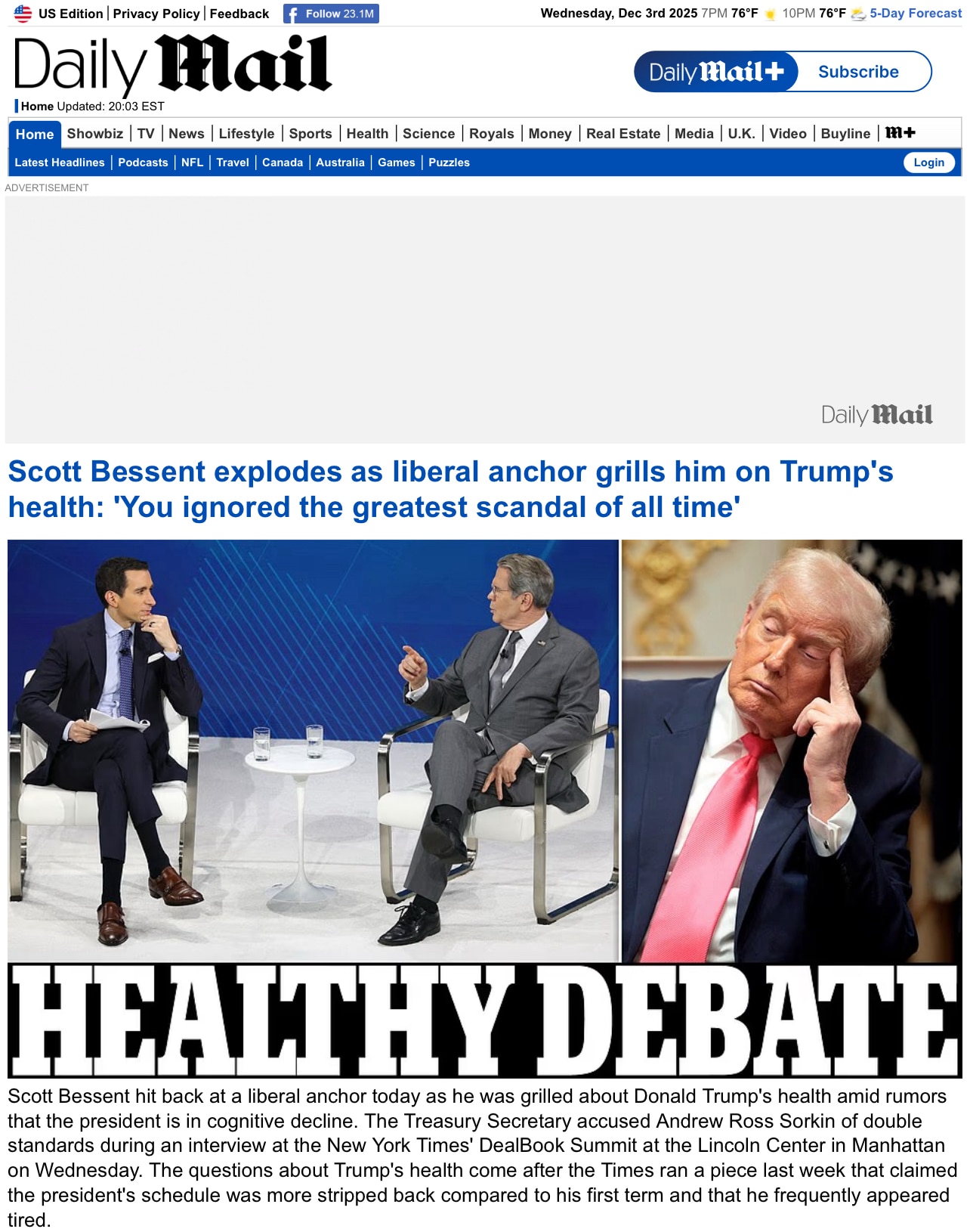 Bessent Blows Back @ Sorkin on President Trump’s Health 

https://www.dailymail.co.uk/news/article-1...