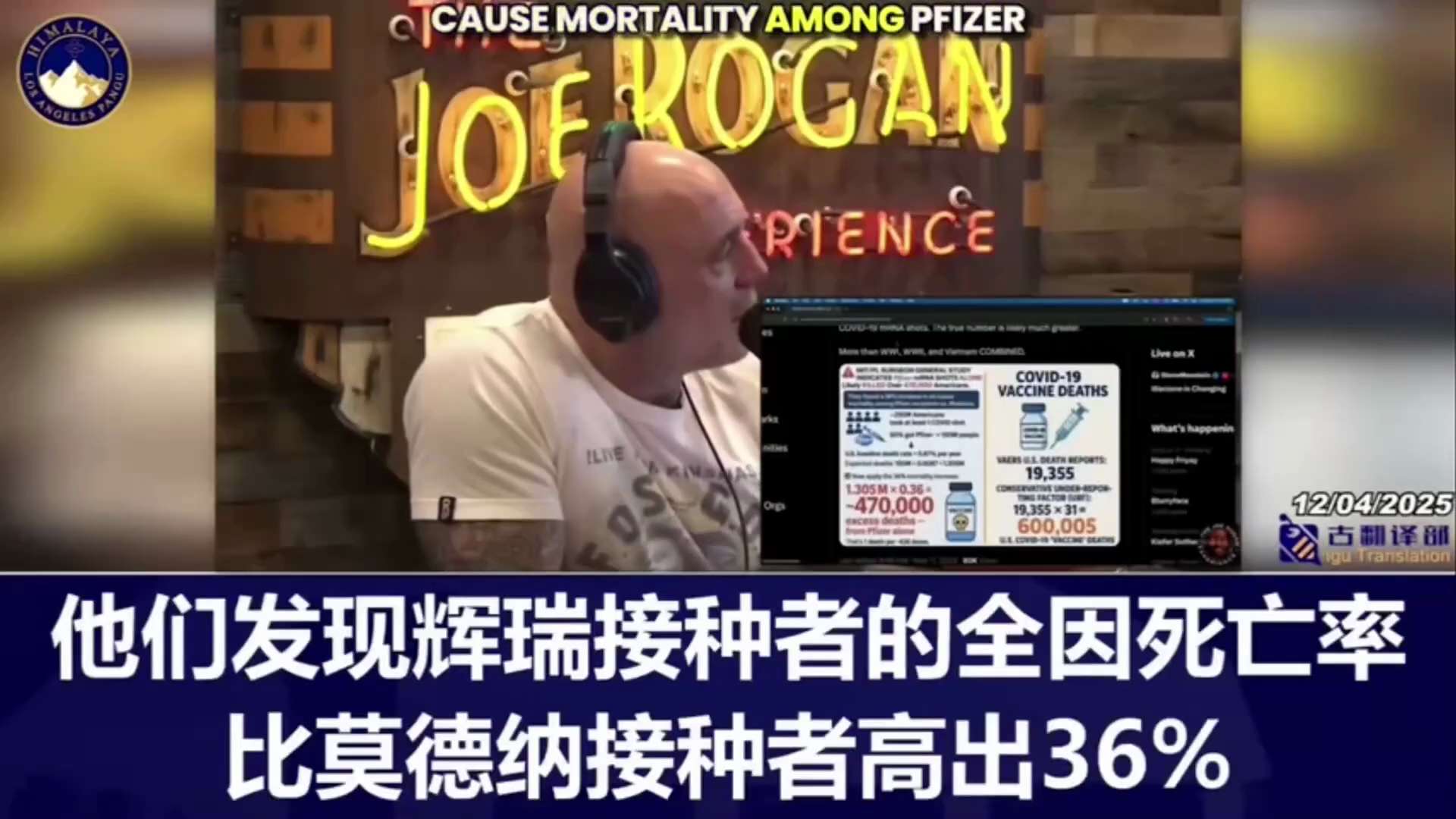 乔·罗根陈述：

经过调整后的疫苗副作用报告系统显示，保守估计有47万到60万美国人死于新冠疫苗，超过一战、二战和越战死亡总和。

这仅仅是辉瑞的，甚至不包括莫德纳”
