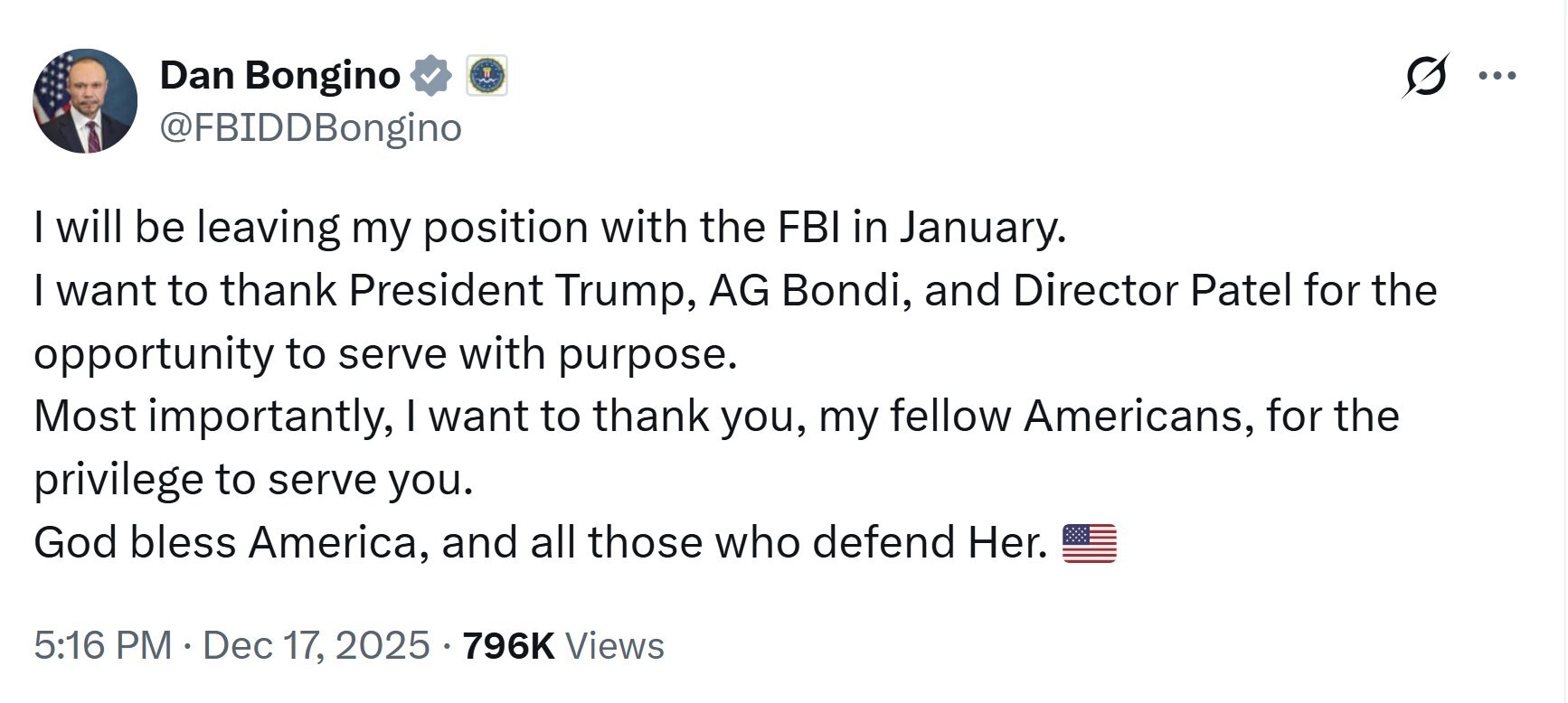 【美国之声--FBI副局长离职】2025年12月17日FBI副局长班吉诺（Dan Bongino）在 X 上宣布他将于2026年 1 月离职。 

班吉诺曾是纽约市一名警察。 2025年2月23日川普...