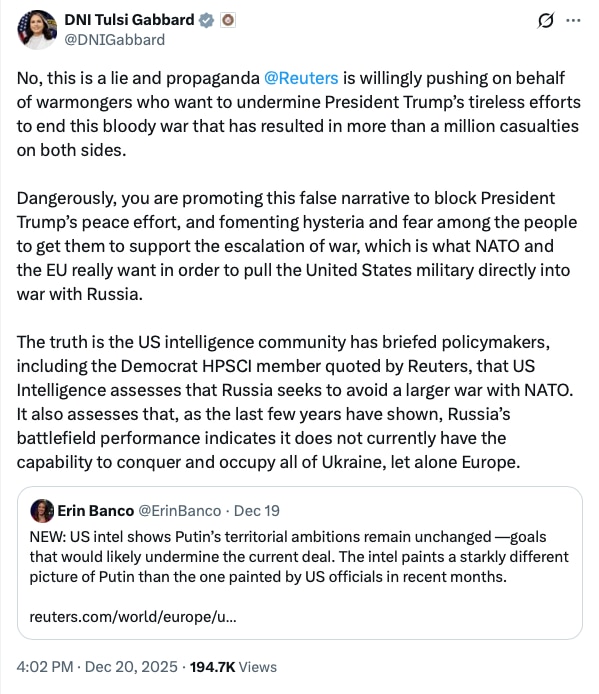JUST IN | DNI Tulsi Gabbard says Reuters is pushing a false narrative that undermines President Trum...