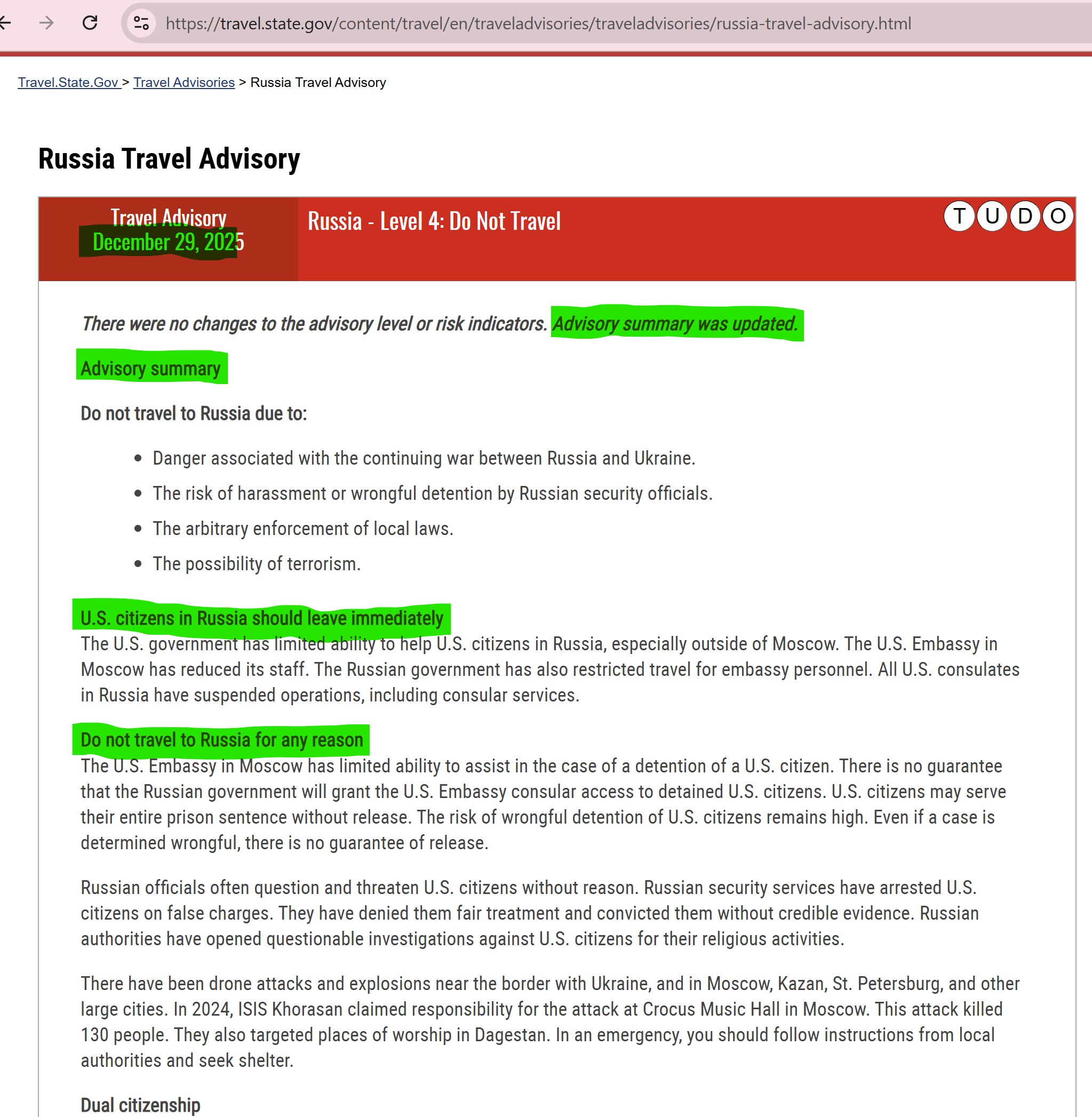 【美国之声--美国务院敦促美国公民立即离开俄罗斯】美东2025年12月29日，美国国务院更新了旅行指南，其中列出：

美国公民请立即离开俄罗斯......无论出于任何原因，请勿前往俄罗斯（图左）。

...