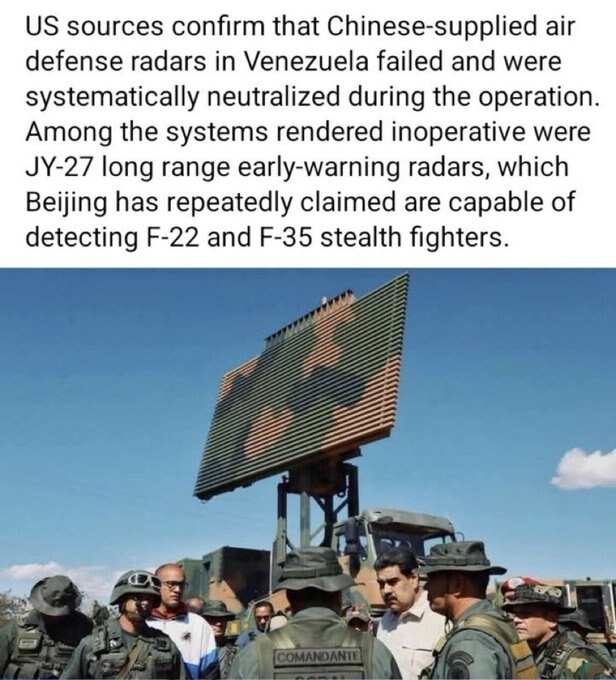 美国方面消息证实，在此次行动中，委内瑞拉境内由中共提供的防空雷达系统失效，并被系统性地瘫痪。被摧毁、无法继续运作的系统包括 JY-27 远程预警雷达。而中共方面此前曾多次宣称，该型雷达具备探测 F-2...