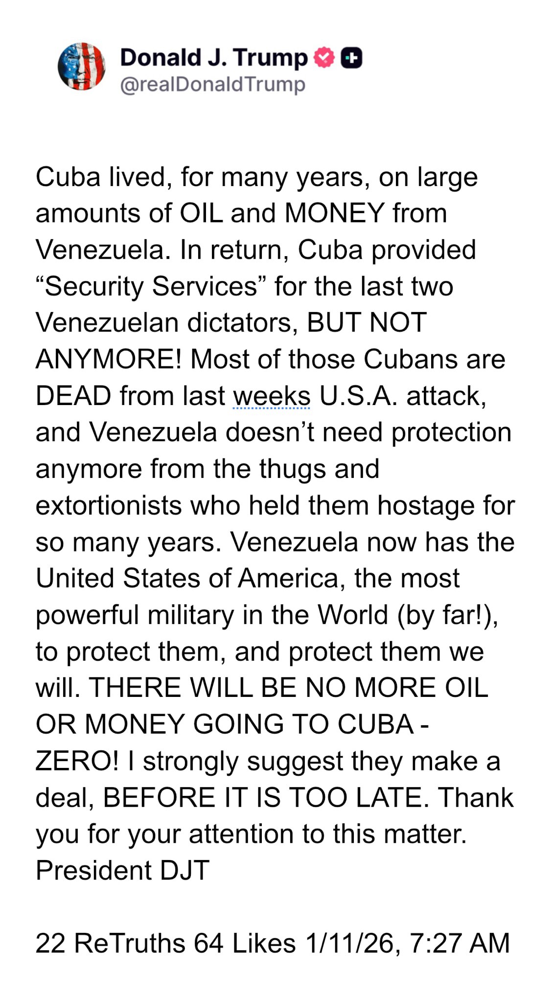 川总一大早连续发了八个帖文，向古巴喊话，在时间还来得及的时候和美国达成协议。

看来委内瑞拉之后美国的主要目标就是伊朗和古巴。没有委内瑞拉的能源支持，古巴撑不了多久，中共和俄罗斯又鞭长莫及。古巴这个自...