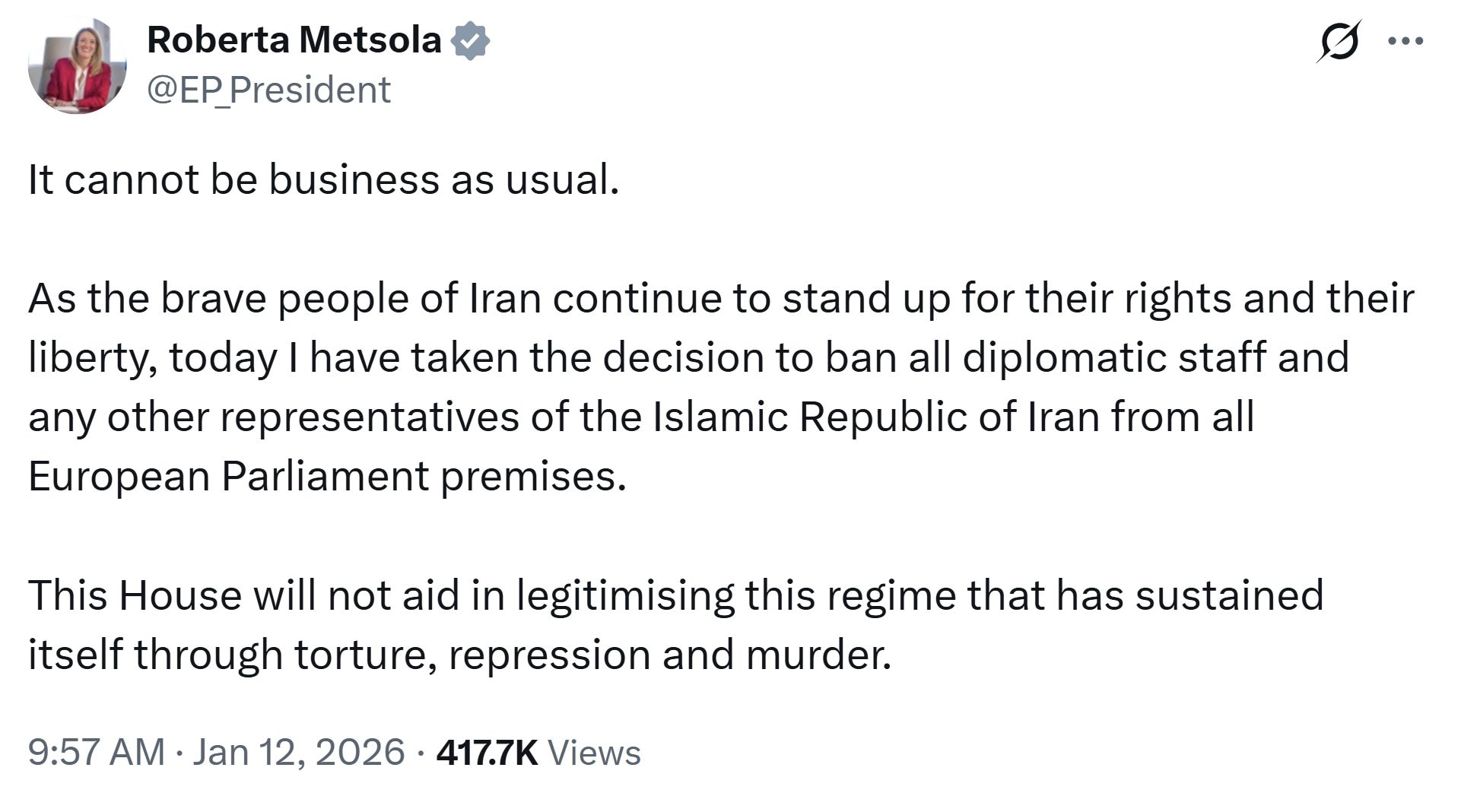 【美国之声--欧洲议会议长禁止伊朗外交人员和其他代表进入欧洲议会的所有场所】2026年 1月 12日欧洲议会议长梅措拉（Roberta Metsola）于其 X 账户：

“已禁止伊朗所有外交人员和任...