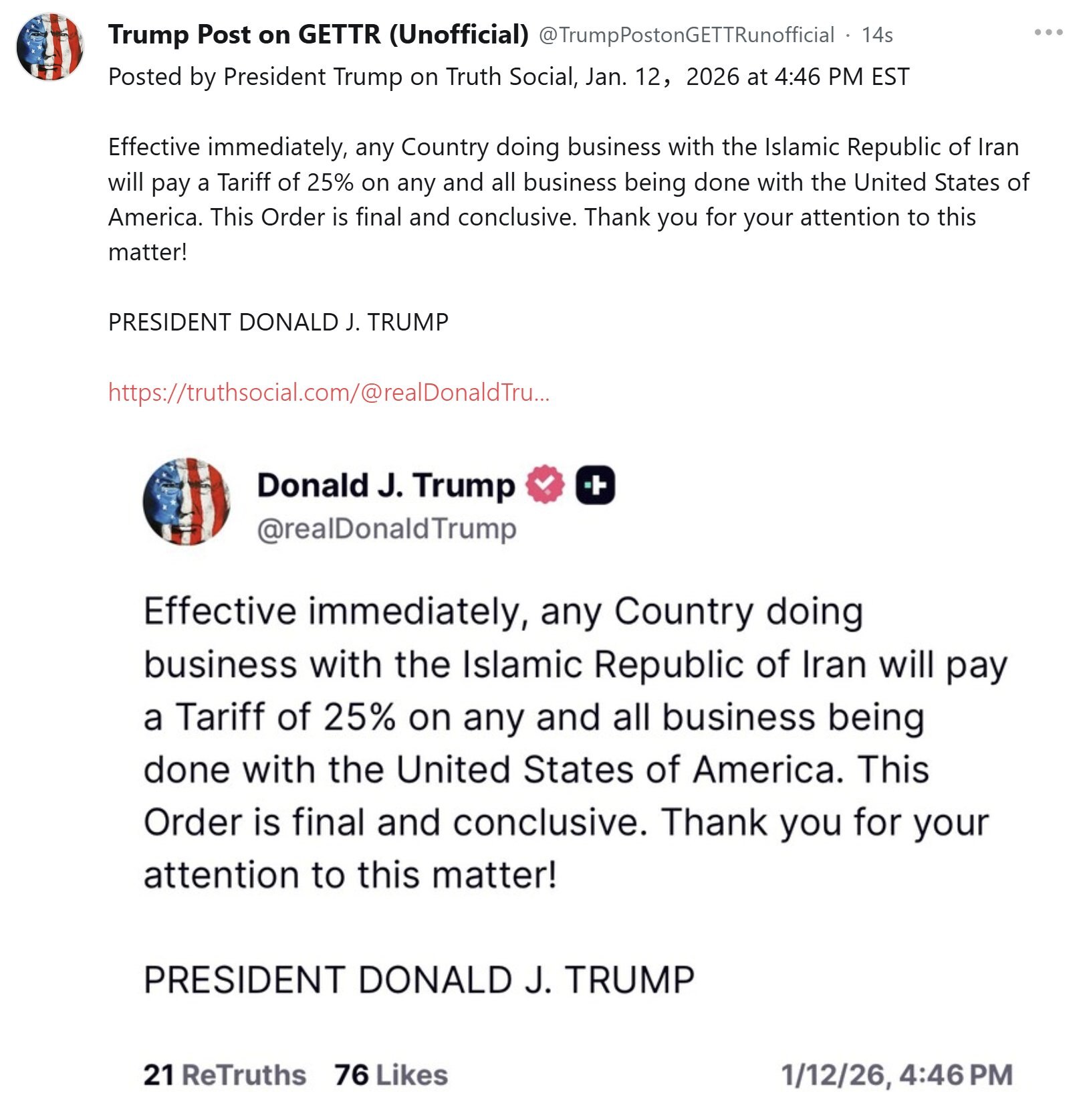 【美国之声——对与伊朗有商业往来的国家加征25%关税】2026年1月12日 川普总统：

即日起，任何与伊朗伊斯兰共和国进行商业往来的国家，与美利坚合众国进行的任何及所有商业活动，均须支付25%的关税...