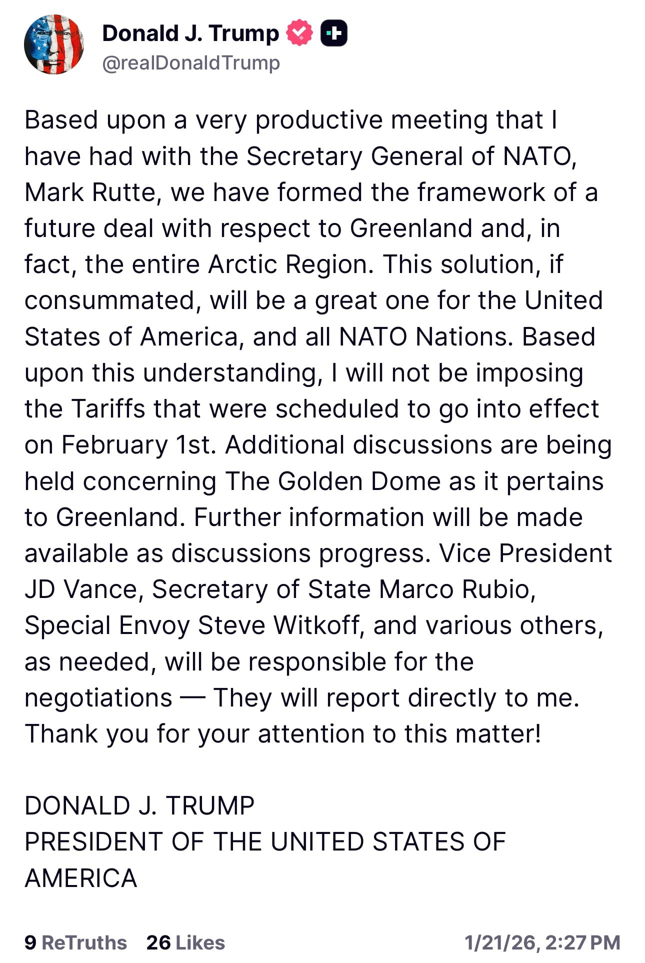 【美国之声--已与北约就格陵兰问题，乃至整个北极地区，形成了一项未来协议的框架】2026年1月21日川普总统：

基于我与北约秘书长马克·吕特举行的一次非常富有成效的会晤，我们已就格陵兰问题，乃至整个...