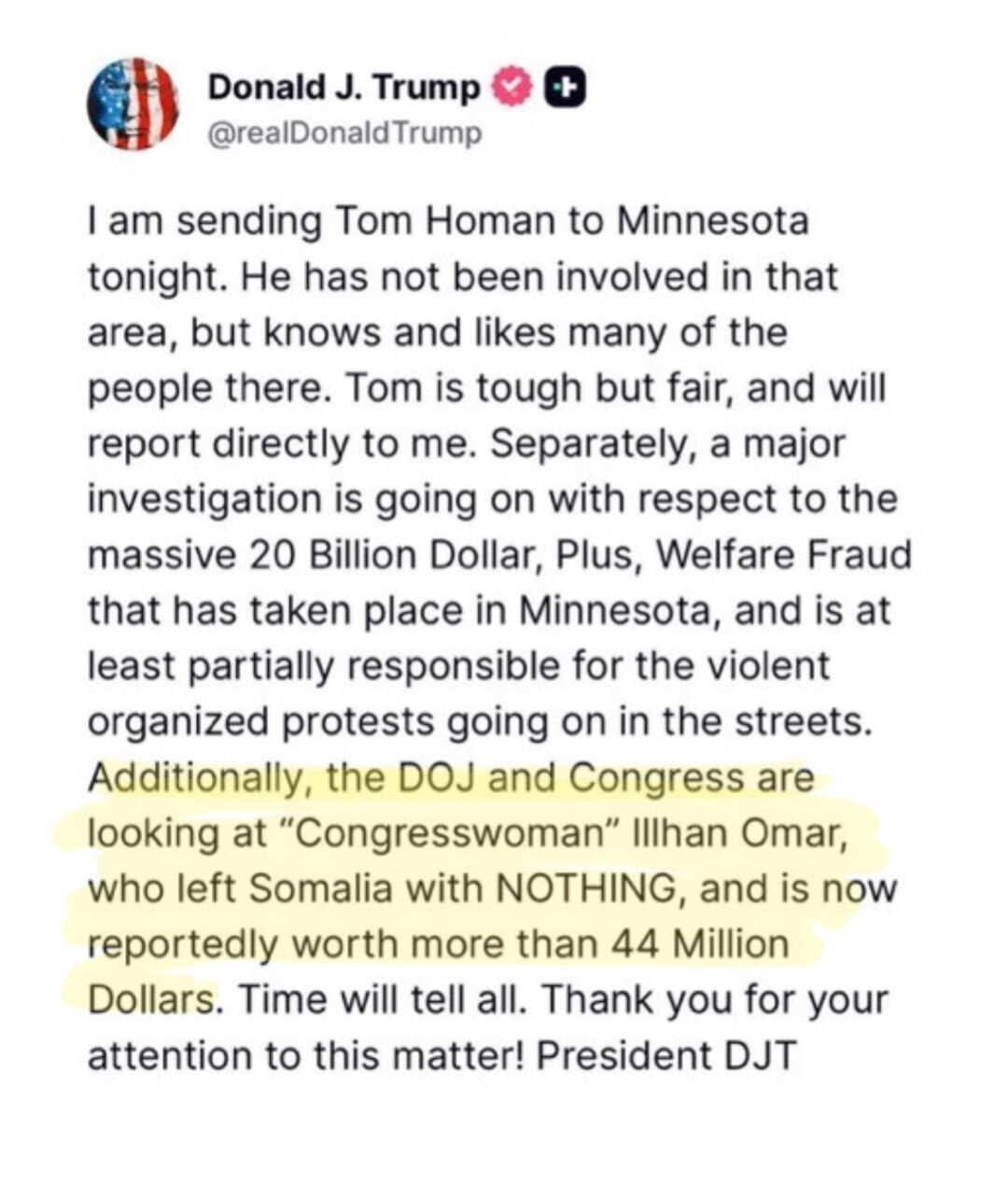 Trump confirms Rep. Ilhan Omar is under criminal investigation by the DOJ.
