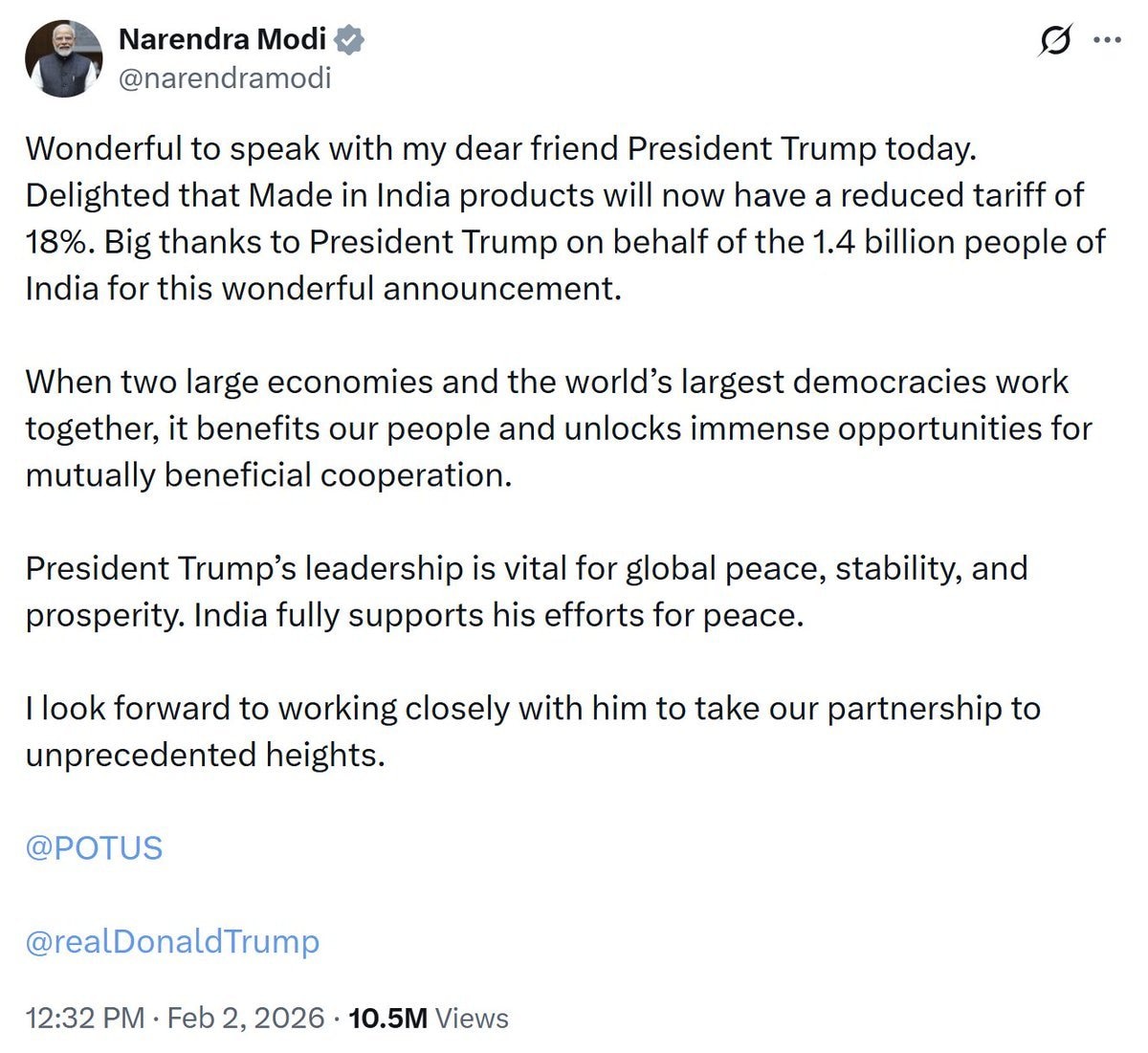 【美国之声】2026年2月2日 印度总理莫迪在其 X 账户上呼应川普总统发布美印贸易协议：

“今天能与我亲爱的朋友川普总统通话，真是太棒了。 很高兴美国将对‘印度造’的产品关税降至18%。 我谨代表...