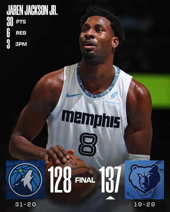 🏀 MONDAY'S FINAL SCORES 🏀

Jaren Jackson Jr. scores 30 as the memgrizz win at home!

Ty Jerome: 19...