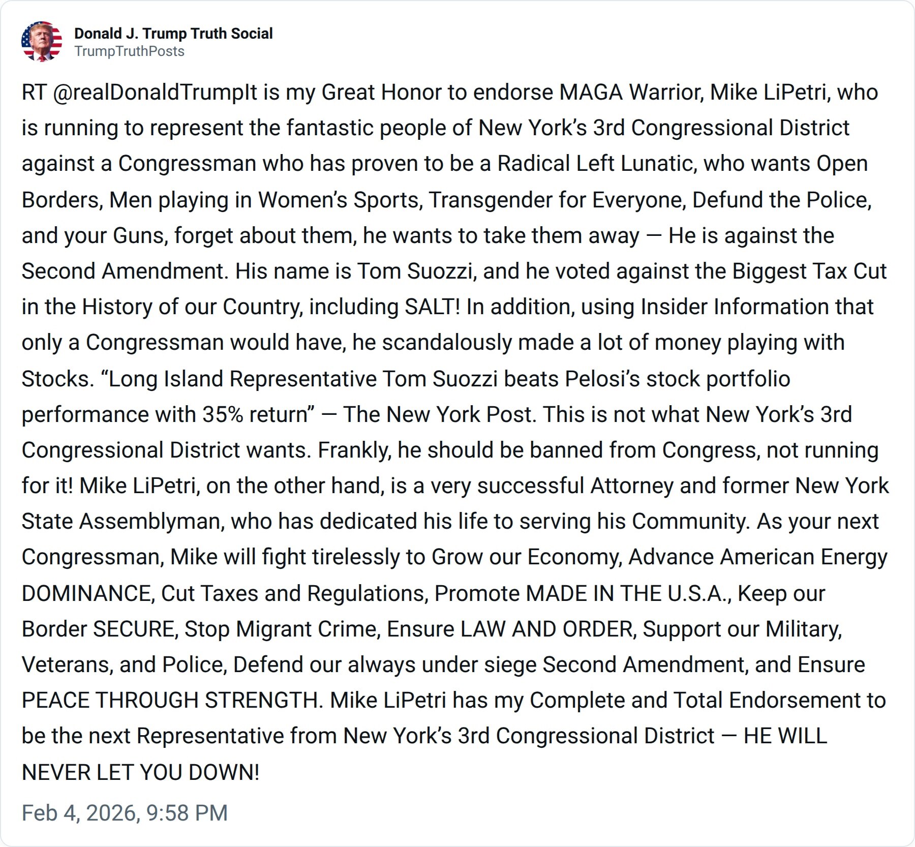 唐纳德·J·特朗普 特朗普真相帖子
RT @realDonaldTrumplt 能够支持MAGA战士迈克·李佩特里, 是我莫大的荣幸。他正代表纽约第三国会选区杰出的民众参选，对抗一位已被证明是激进左翼...