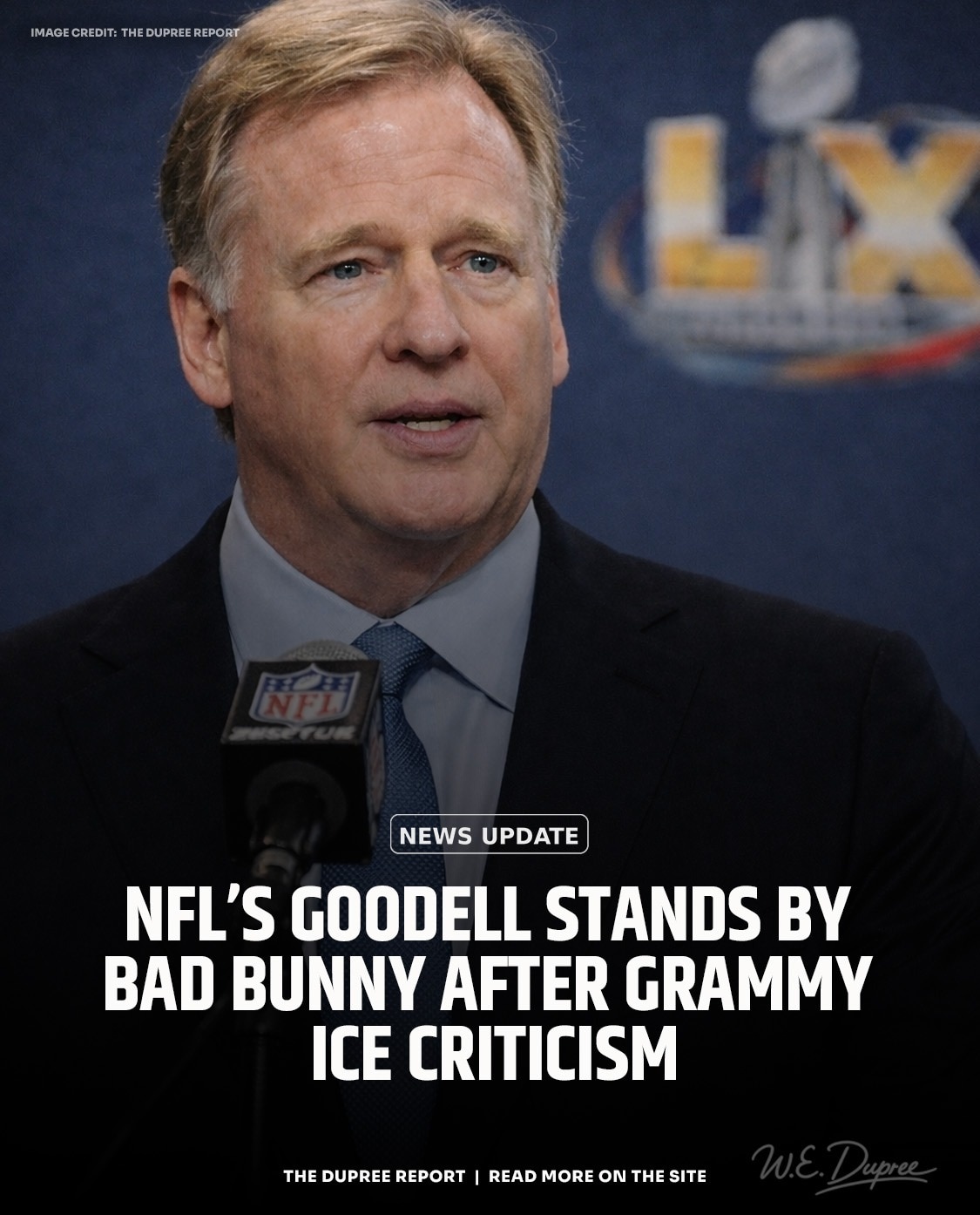 🏈 Goodell backs Bad Bunny for Super Bowl halftime despite "ICE out" Grammy speech. Can the NFL's bi...