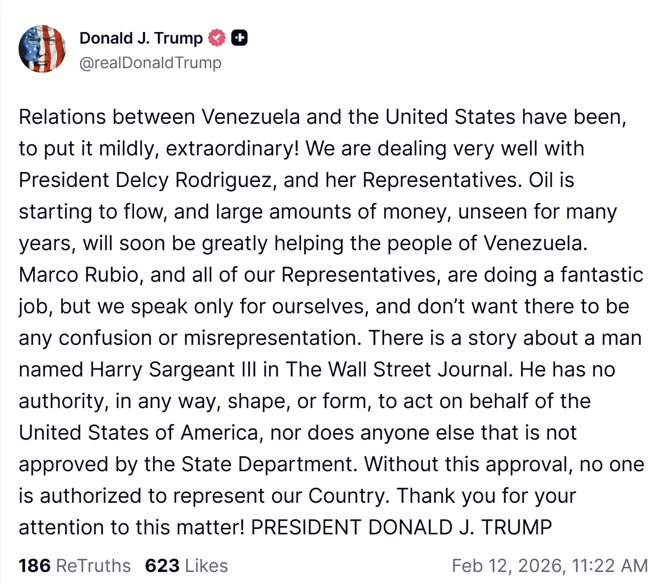 【美国之声--与罗德里格斯总统及她的代表们交往得非常顺利】2026年2月12日 川普总统：

委内瑞拉与美国的关系，说得谦虚一点，可以说是非同寻常！ 我们与德尔西·罗德里格斯总统及她的代表们交往得非常...