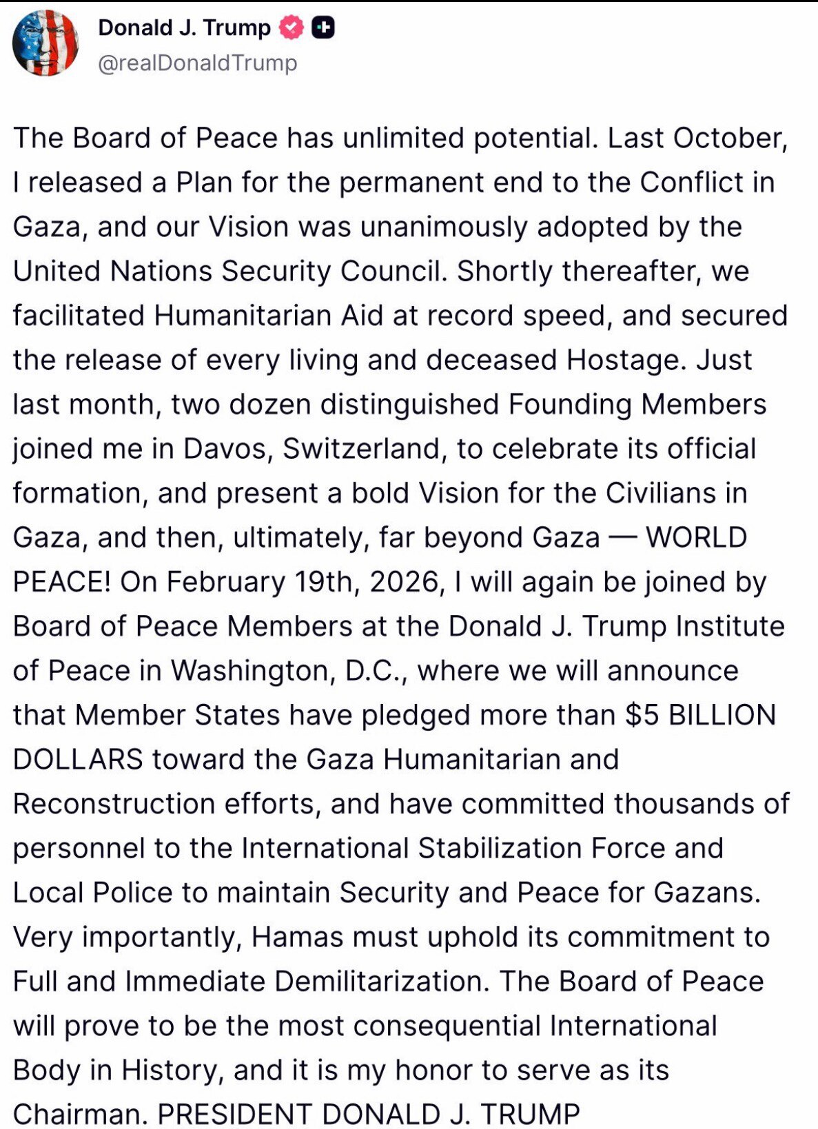 突发：川普总统30分钟前在Truth Social发文称，“和平委员会”（The Board of Peace）将成为史上最具影响力的国际机构

全文如下：

“和平委员会”拥有无限潜力。去年10月，...