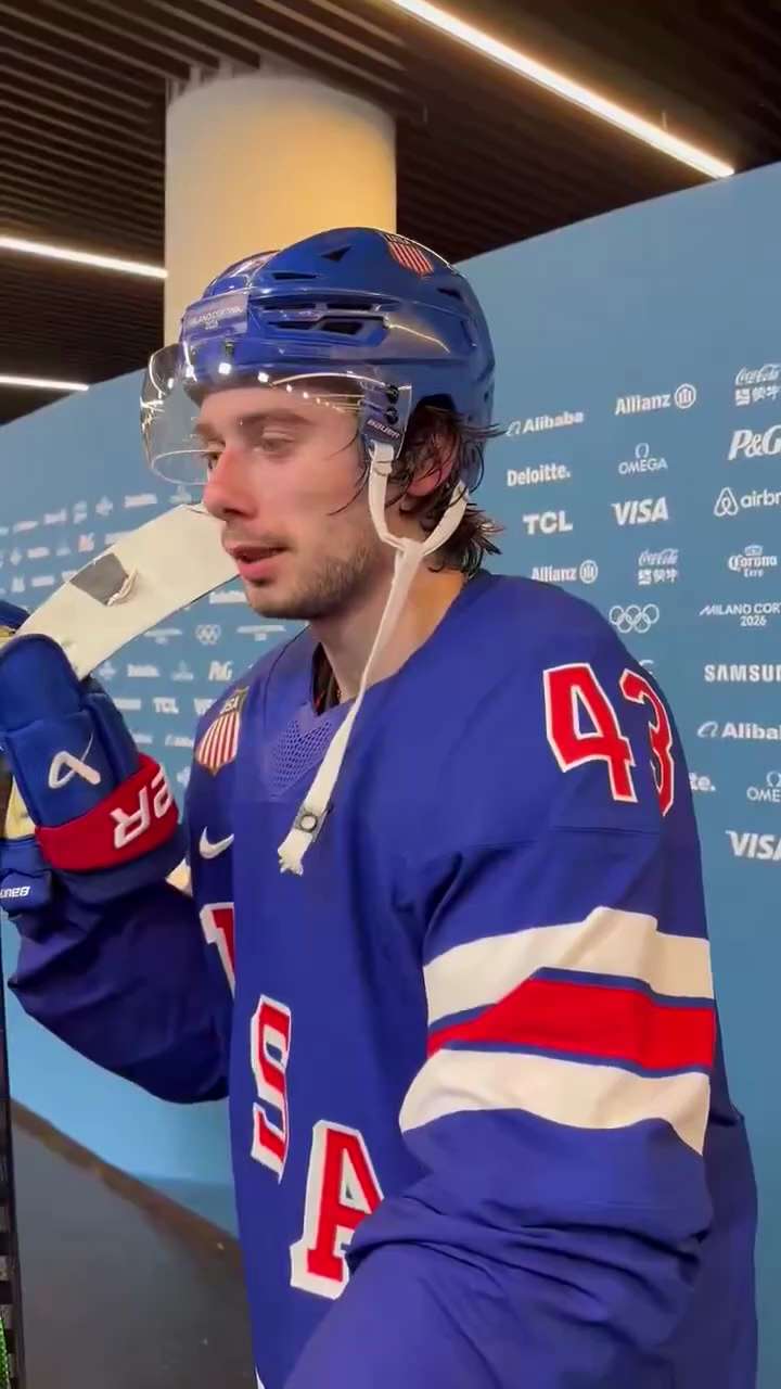 Patriot Quinn Hughes spoke with media after scoring the OT game-winner against Sweden in the Olympic...