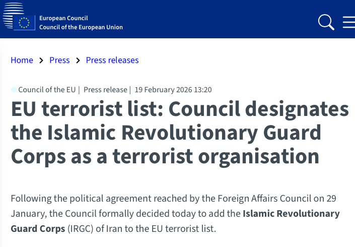 JUST IN - The European Union(EU) has officially designated Iran's Islamic Revolutionary Guard Corps ...