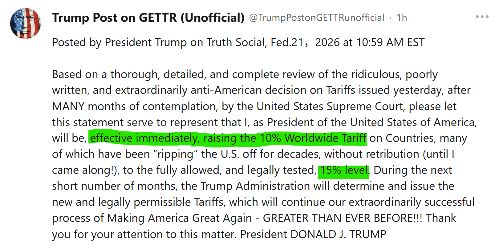 【美国之声】2026年2月21日，川普总统将对全球商品加征的关税提高到15%：

“......请以本声明为准：本人作为美利坚合众国总统，自即日起，将把对各国--其中许多国家数十年来一直在“占”美国的...