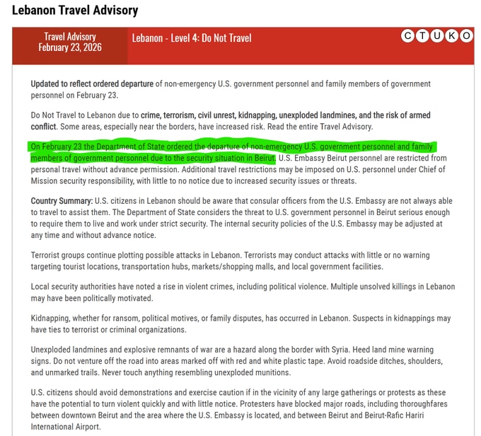 【美国之声】2026年2月23日，美国国务院已下令非紧急的美国政府人员及其家属撤离黎巴嫩的贝鲁特（图右红圈处）。

美国驻贝鲁特大使馆人员在未事先获得许可的情况下，禁止进行个人旅行。由于安全问题或威胁...