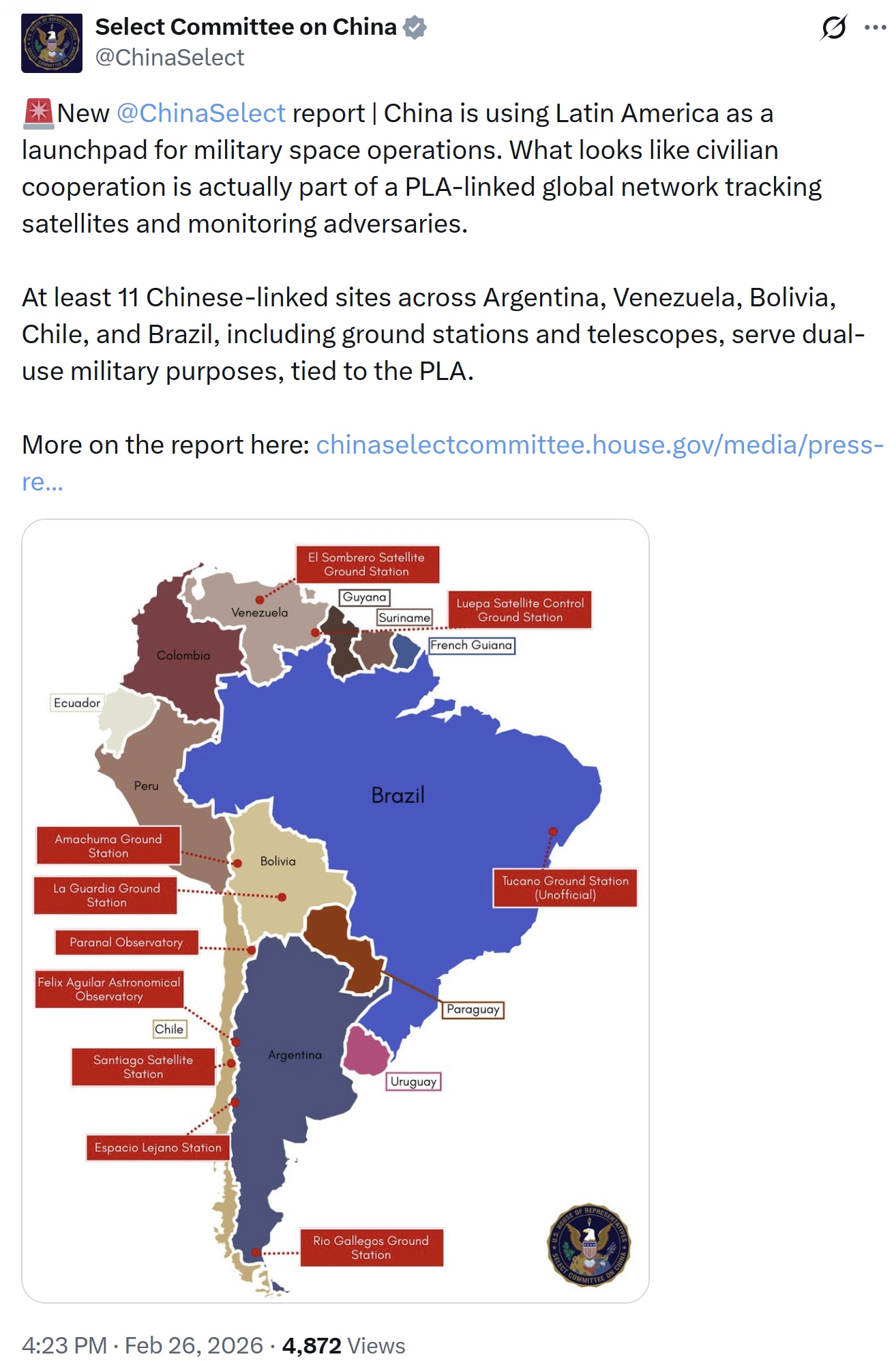 【美国之声--表面民用、实为军用？中共被曝在拉美布下太空监控网】2026年2月26日众议院中共问题特别委员会：

中共国正把拉丁美洲当作军事太空行动的跳板。

表面上看似民用合作，实际上却是与解放军有...
