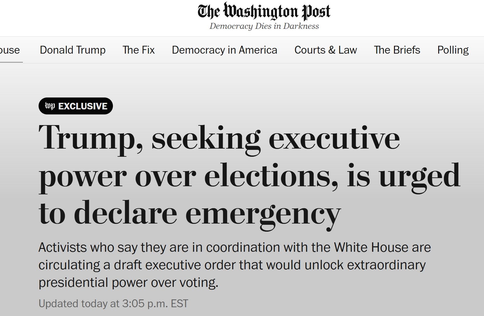 【美国之声--“川普被敦促宣布紧急状态，以获取对选举的行政权力”】2026年2月26日《华盛顿邮报》：

亲川普的活动人士正传播一份17页的行政命令草案，以中共国干涉2020年美国总统大选为由，主张川...