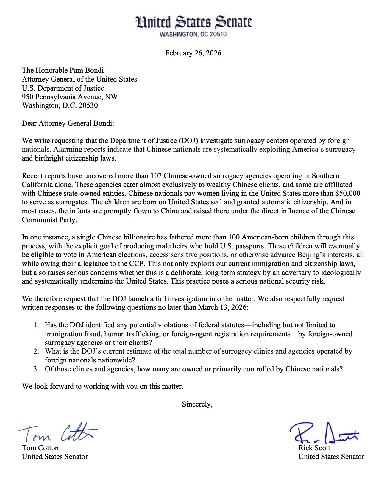 JUST IN - U.S. Senators Tom Cotton and Rick Scott on Feb. 26 urged AG Pam Bondi to investigate forei...