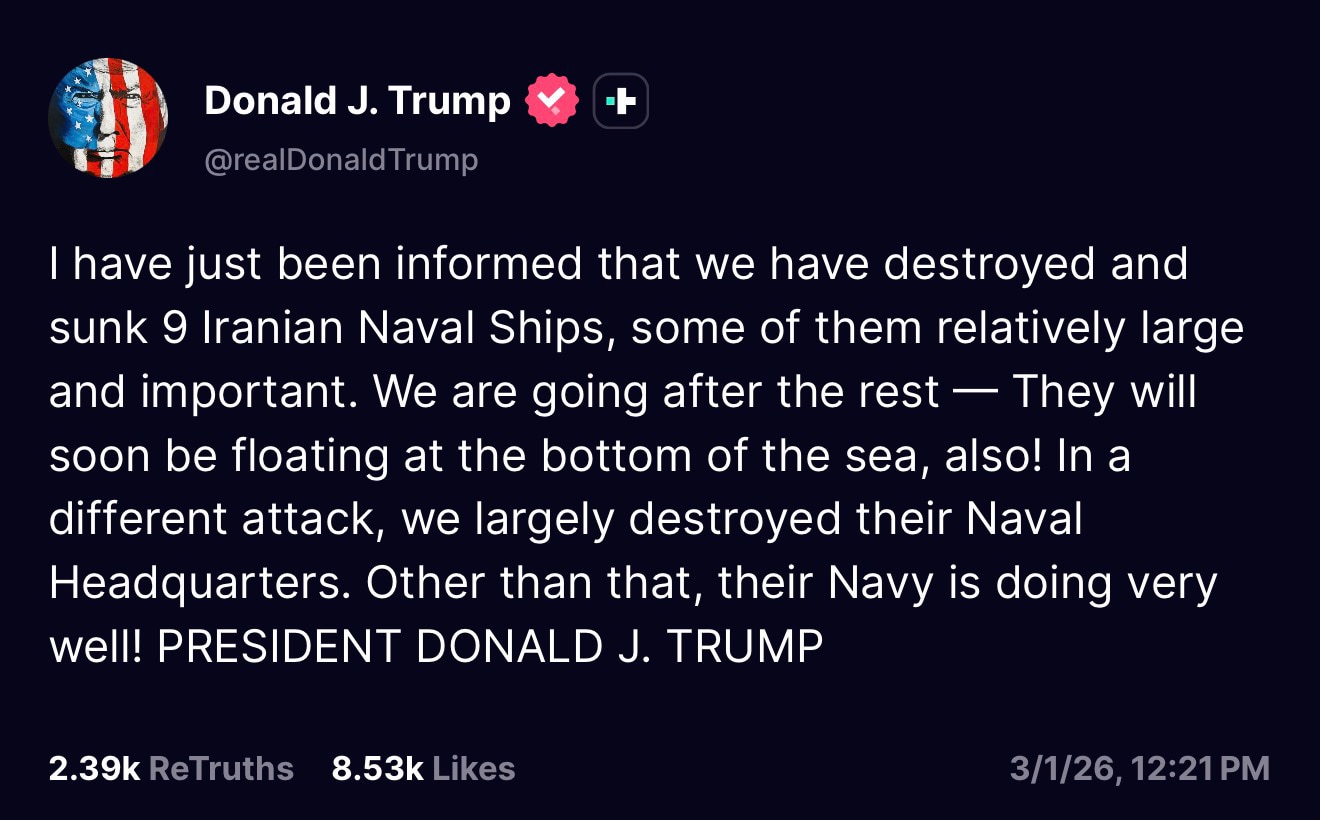 Nine Iranian Naval Vessels Sunk 

https://truthsocial.com/@realDonaldTrump/116155069503653714