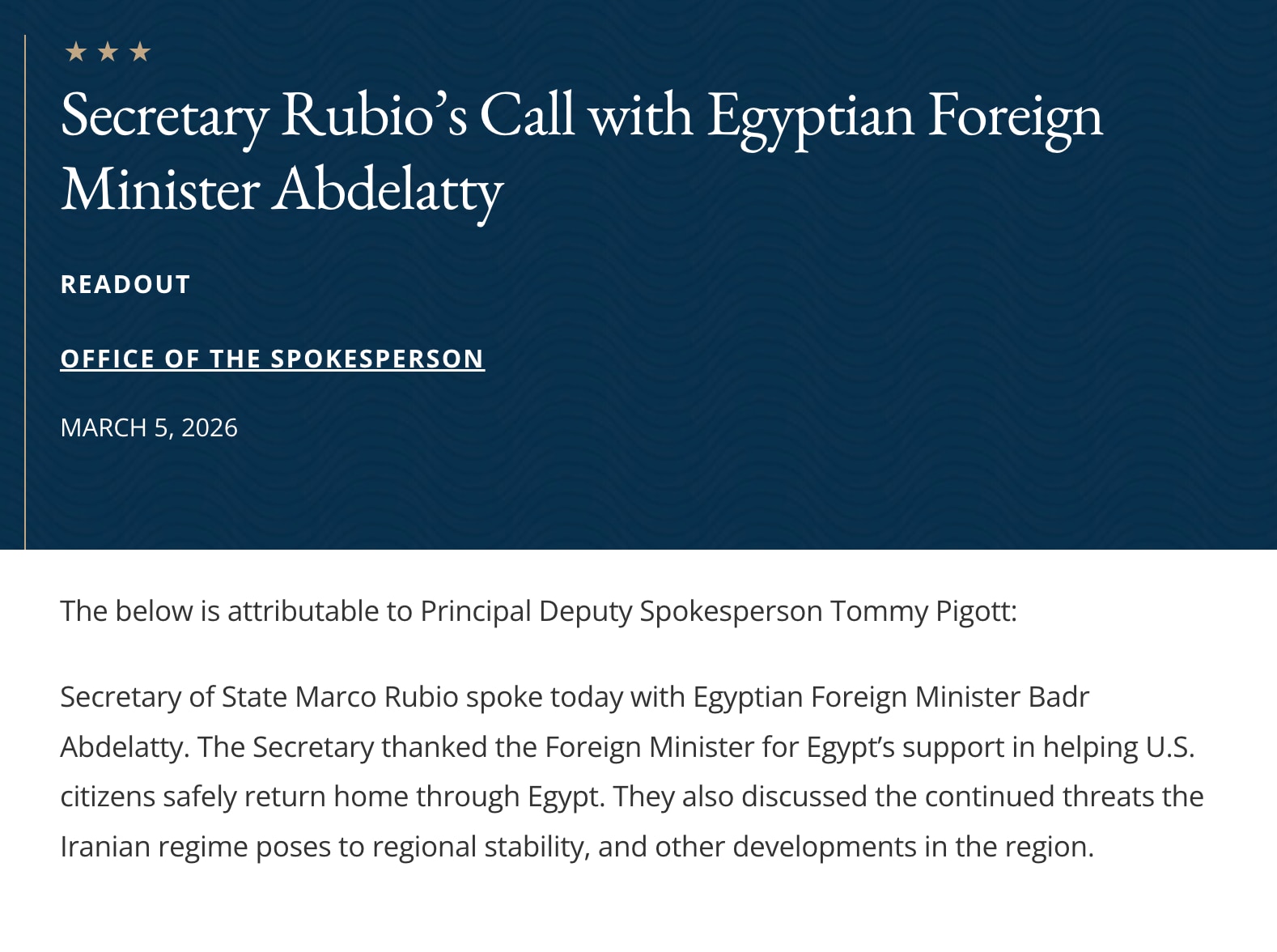 Secretary of State Marco Rubio thanked Egypt Thursday for helping evacuate U.S. citizens and discuss...